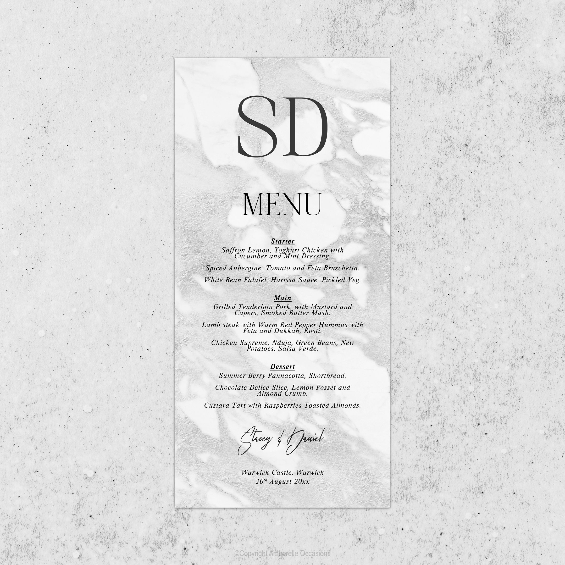 Evoke Grey Marble Wedding Menu