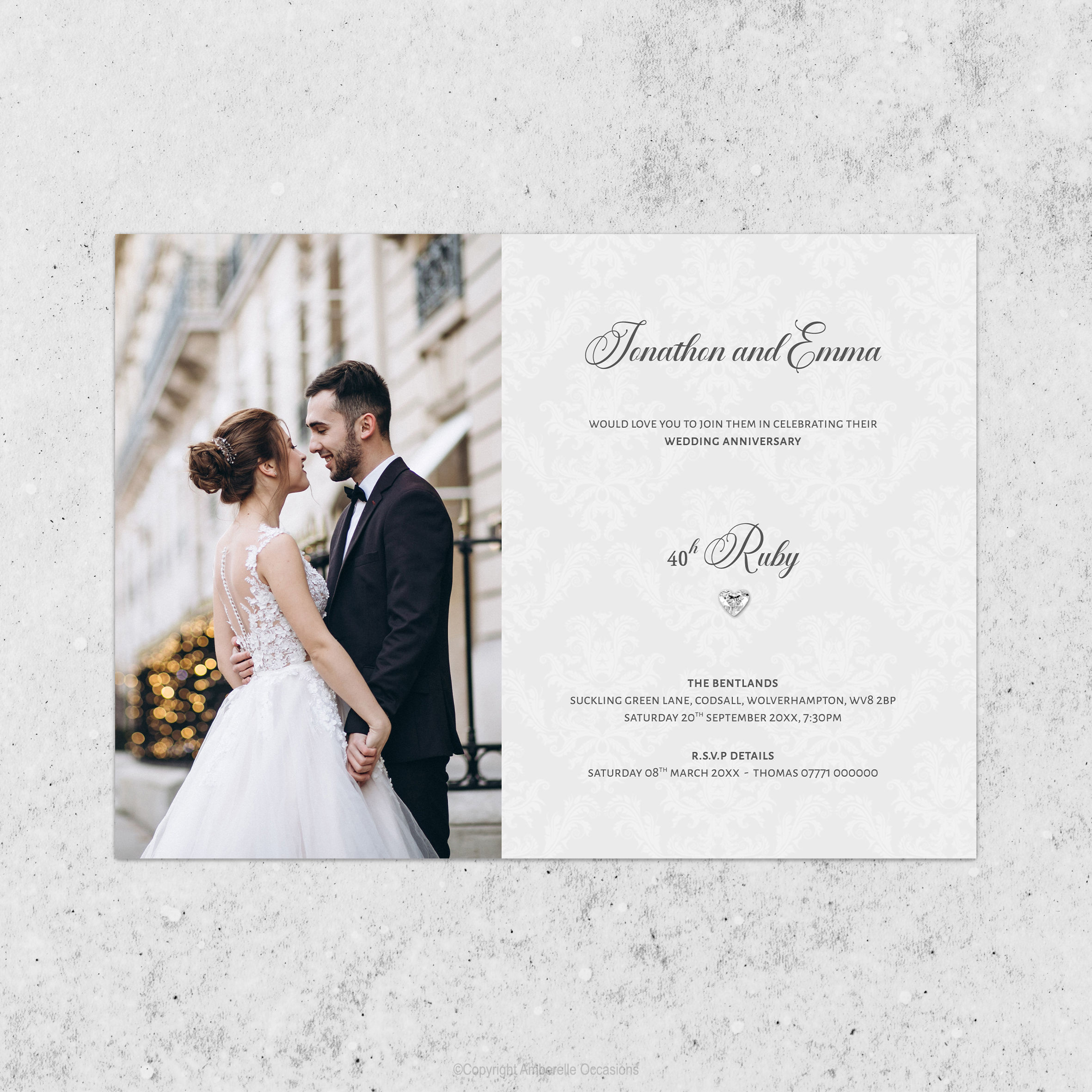 Evoke Landscape Damask Photo Anniversary Invitation