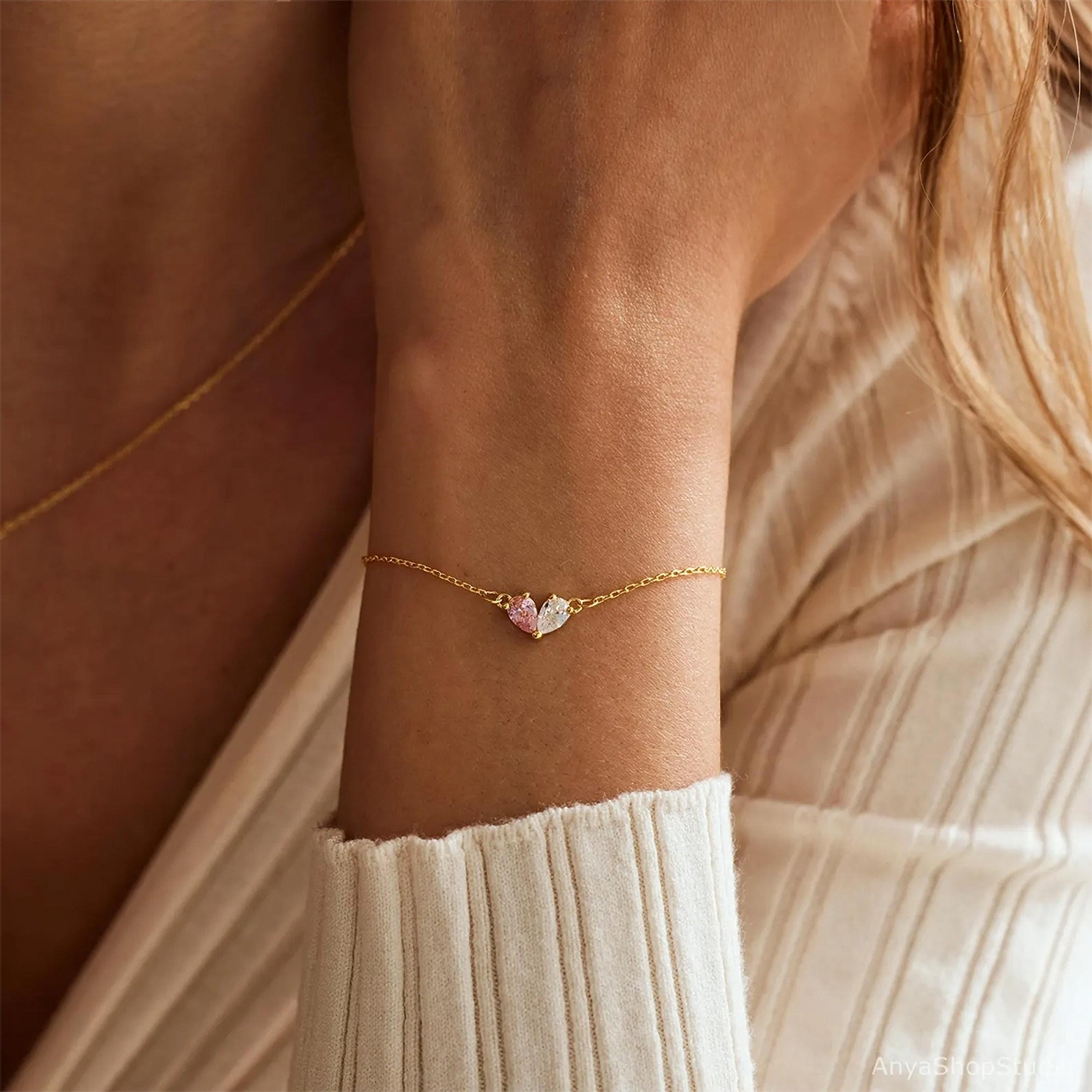SIGNATURE YOU TWO CZ BIRTHSTONE HEART CABLE CHAIN (SILVER, GOLD) BRACELET