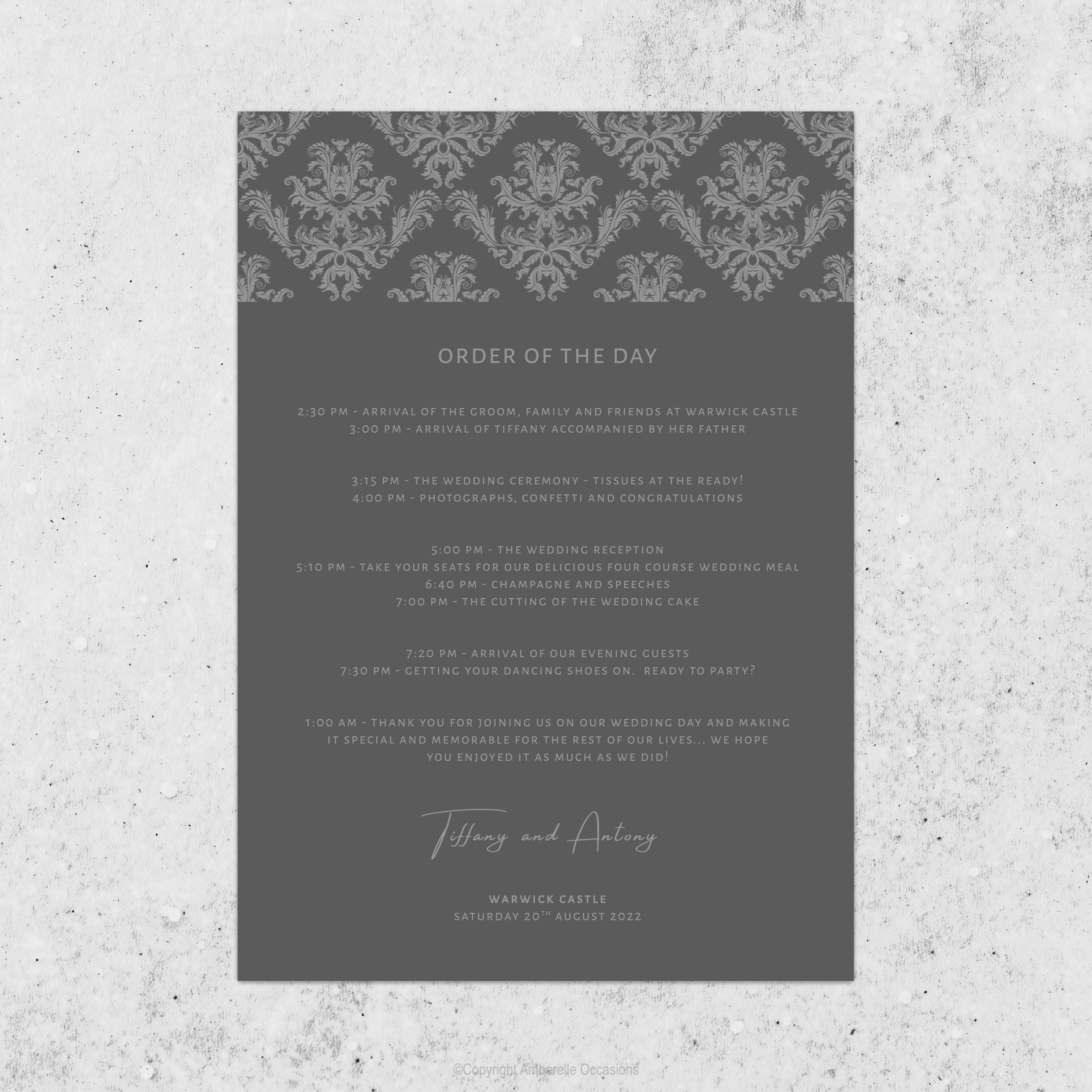 Evoke Damask Grey Wedding Order Of The Day