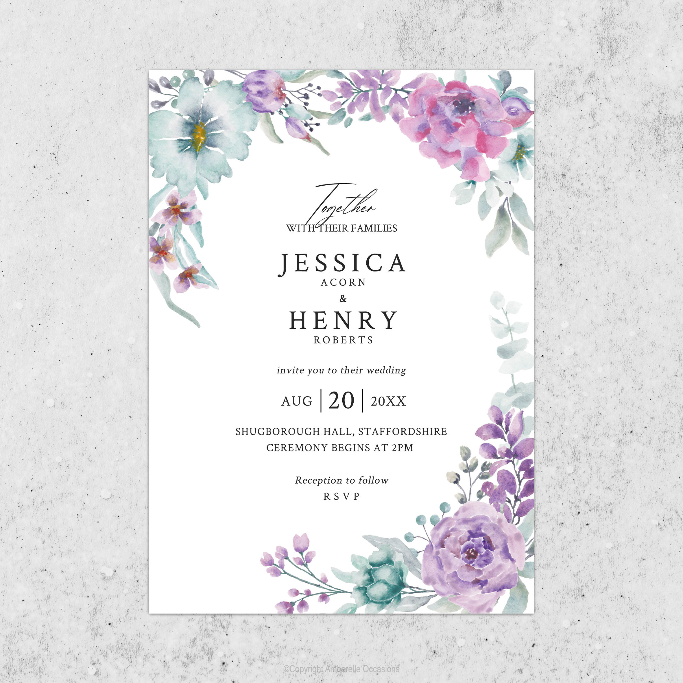 Evoke Purple & Mint Floral Frame Wedding Invitation