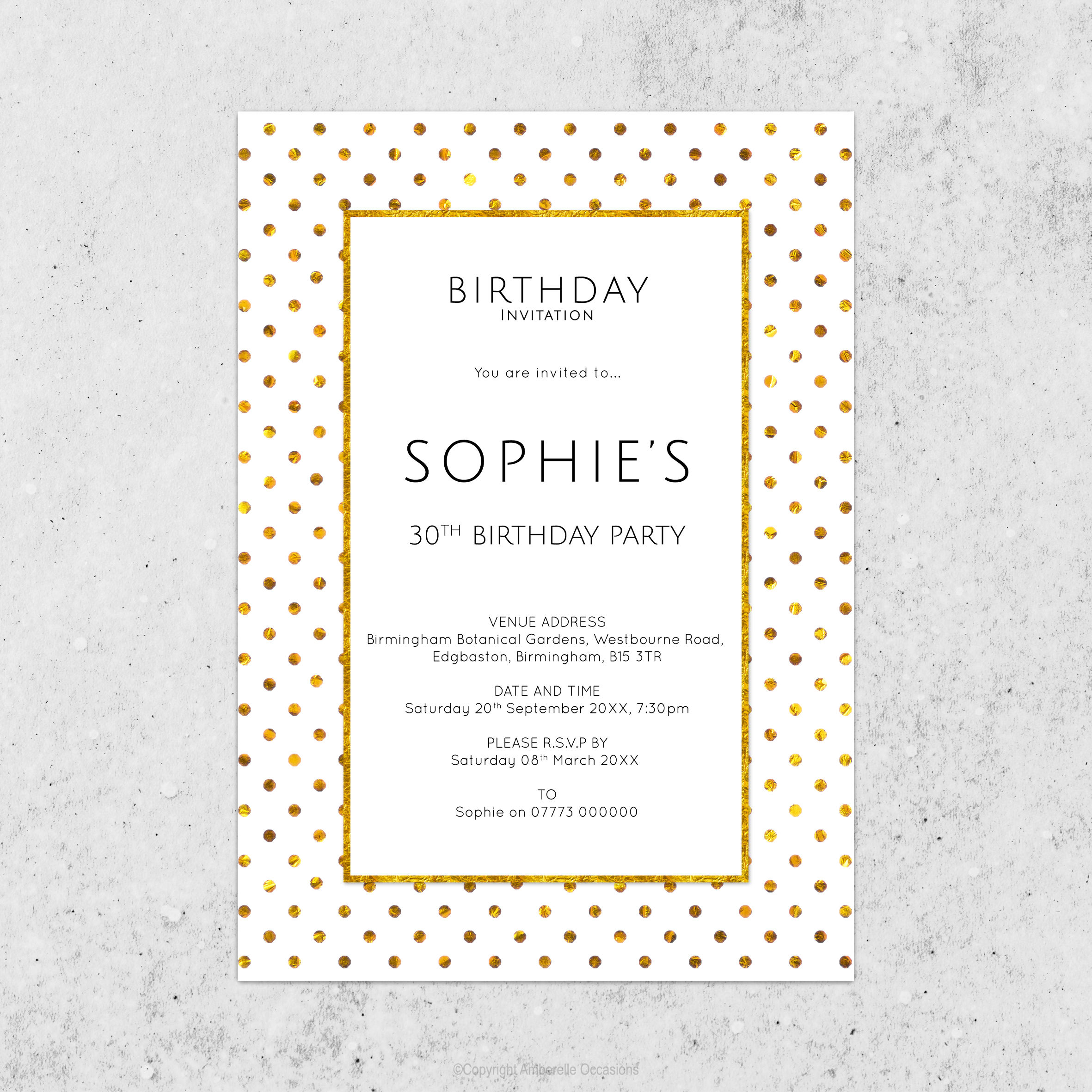 Evoke Gold Polka Dot Birthday Invitation