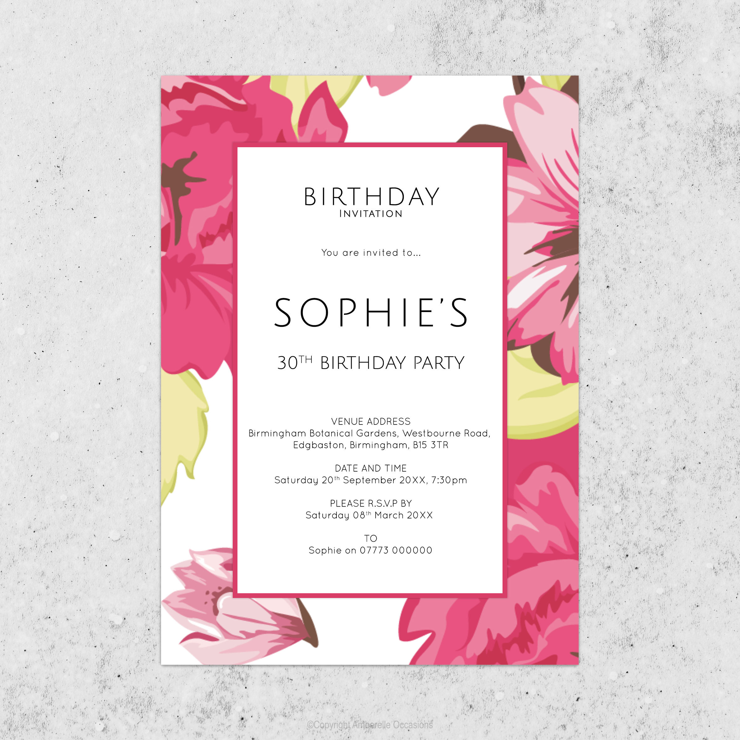 Evoke Hot Pink Floral Birthday Invitation