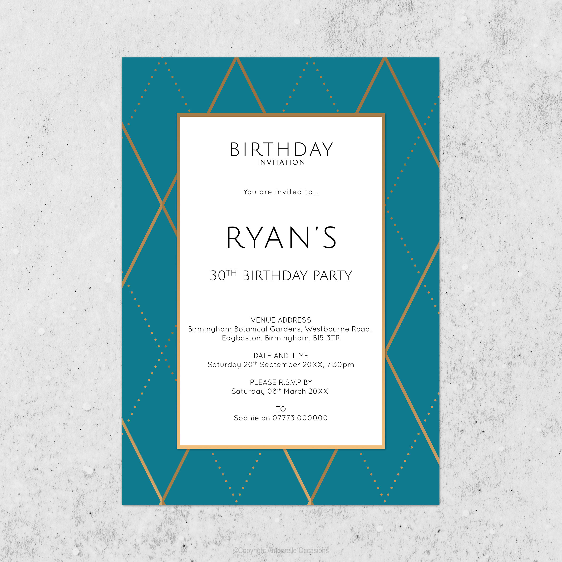 Evoke Teal & Gold Diamond Birthday Invitation