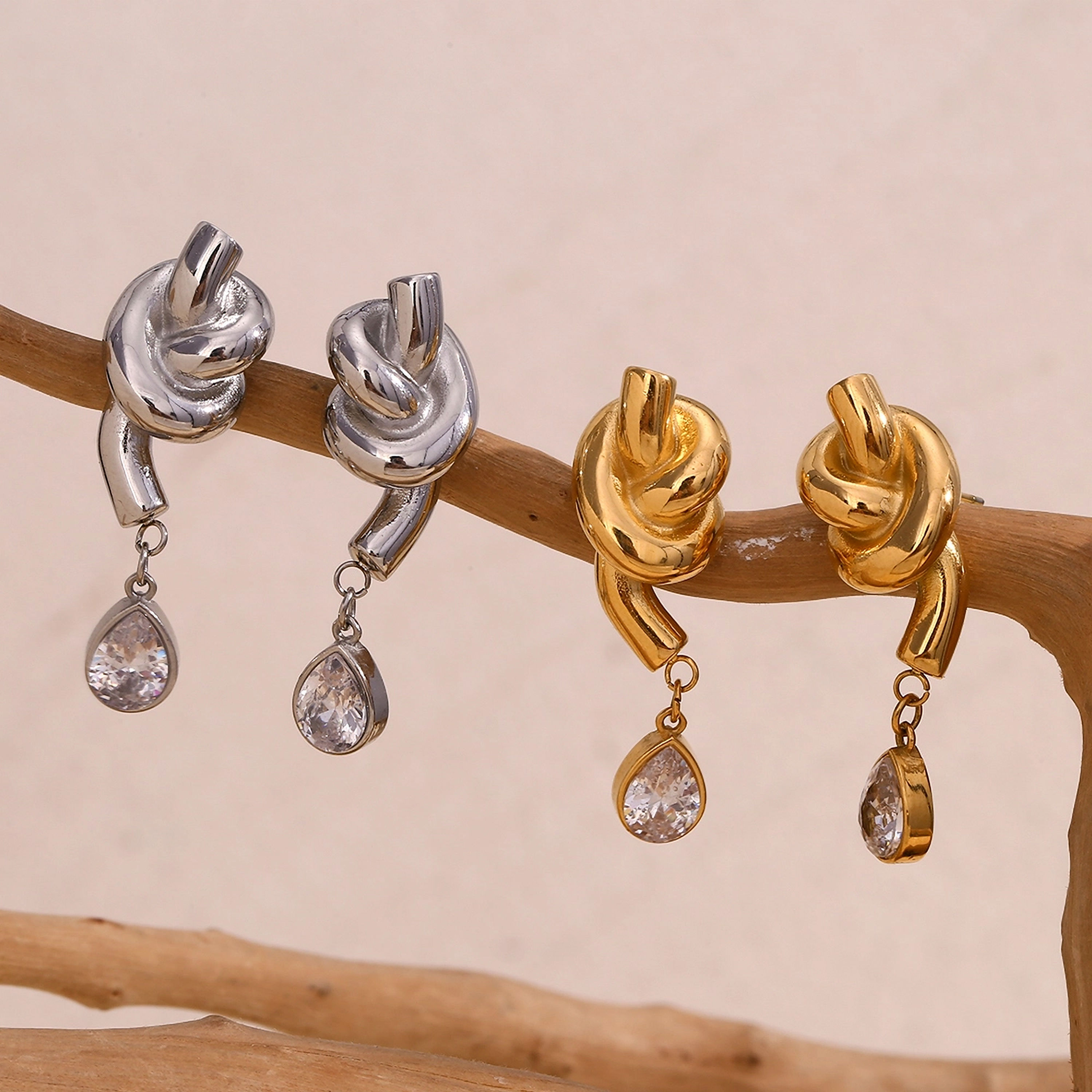 ROSELLE KNOT TEAR CZ (SILVER, 18K GOLD) DROP EARRINGS