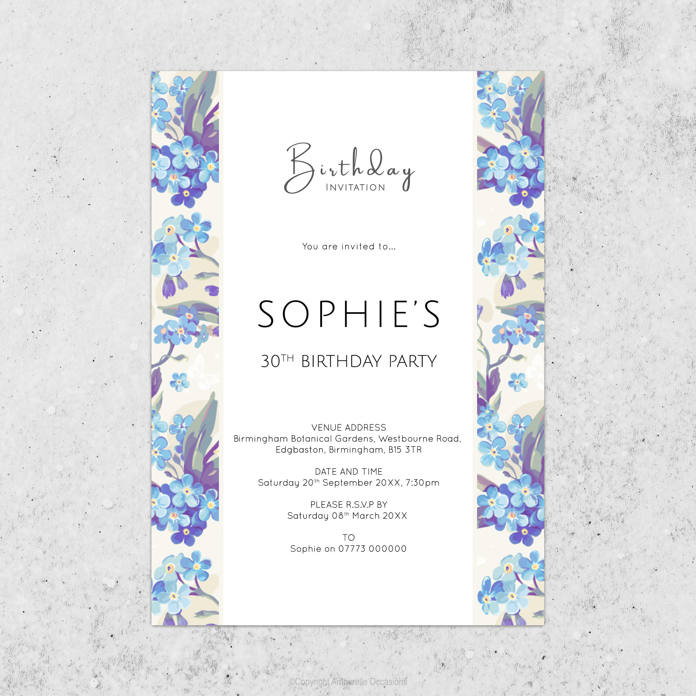 Evoke Cream & Blue Floral Birthday Invitation