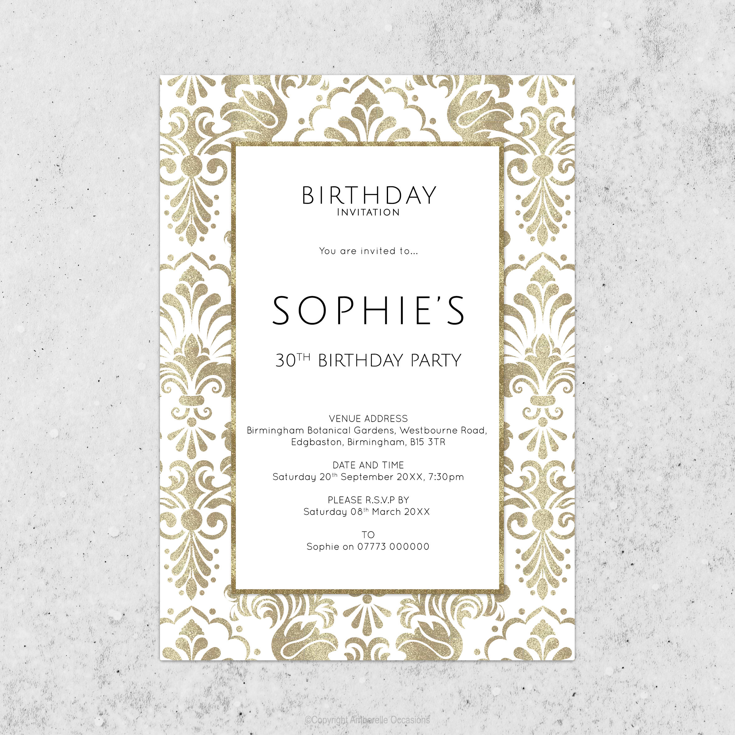 Evoke Gold Damask Birthday Invitation