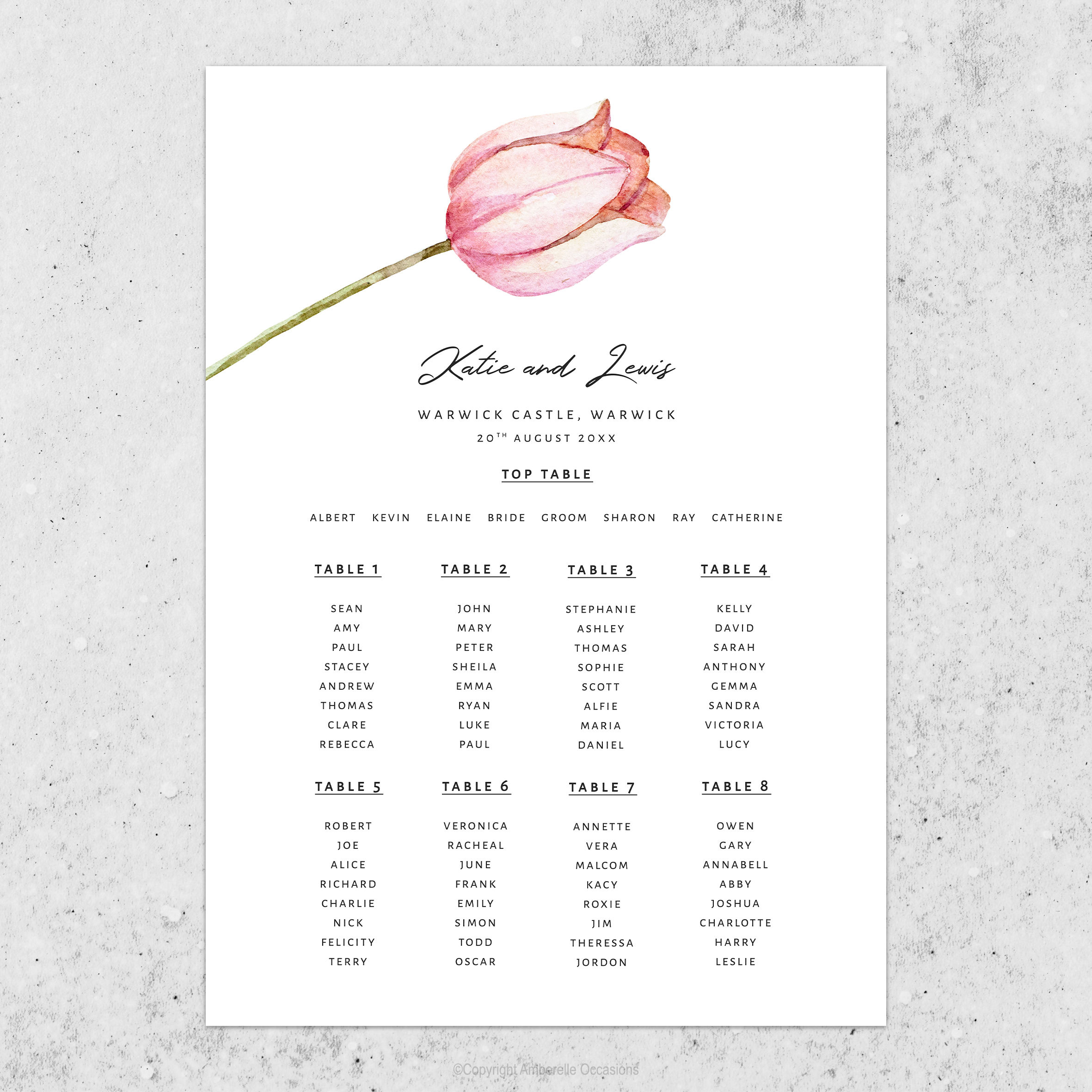 Evoke Pink Tulip Floral Wedding Table Plan