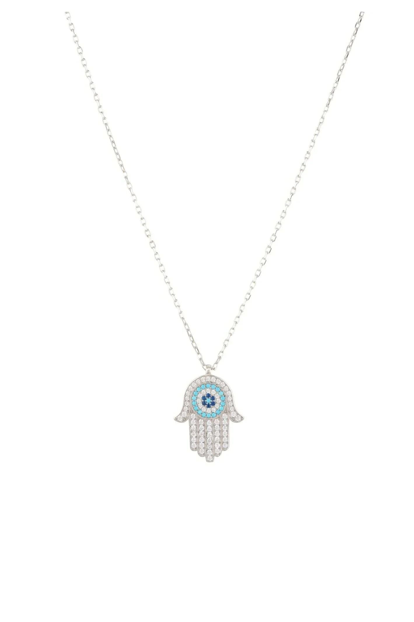 LATELITA HAMSA HAND WITH EVIL EYE TURQUOISE CZ (SILVER) PENDANT NECKLACE