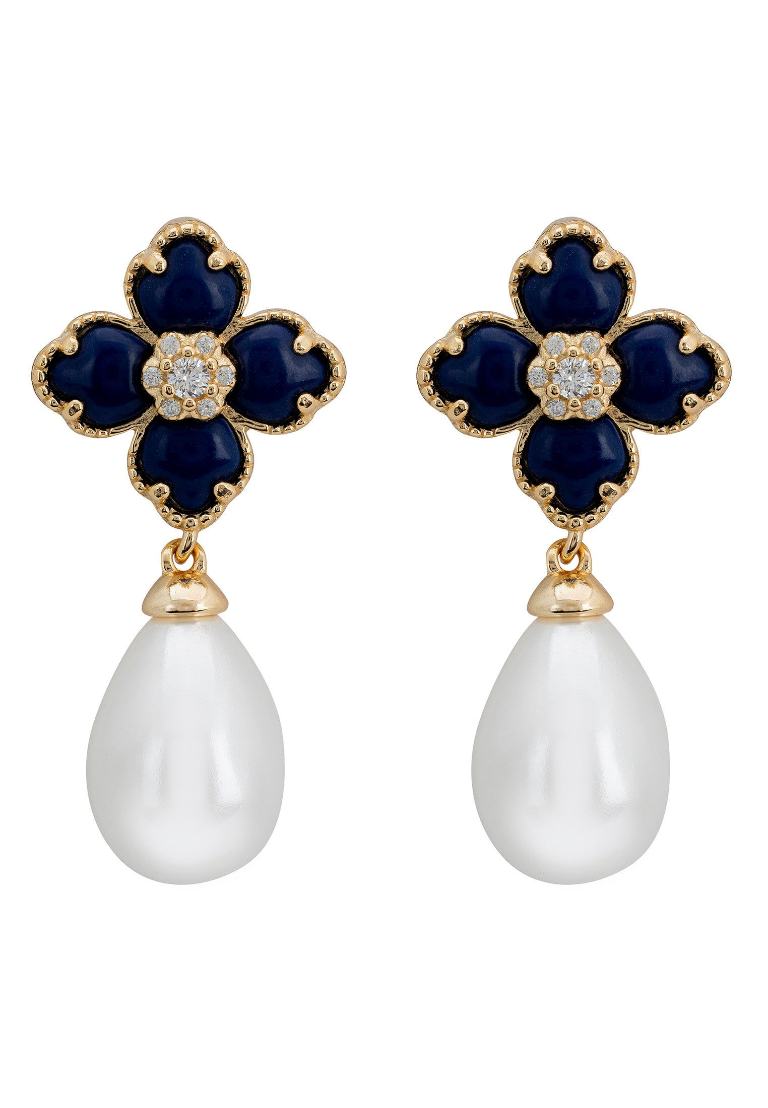 LATELITA FLOWER CLOVER PEARL LAPIS LAZULI CZ (GOLD) DROP EARRINGS