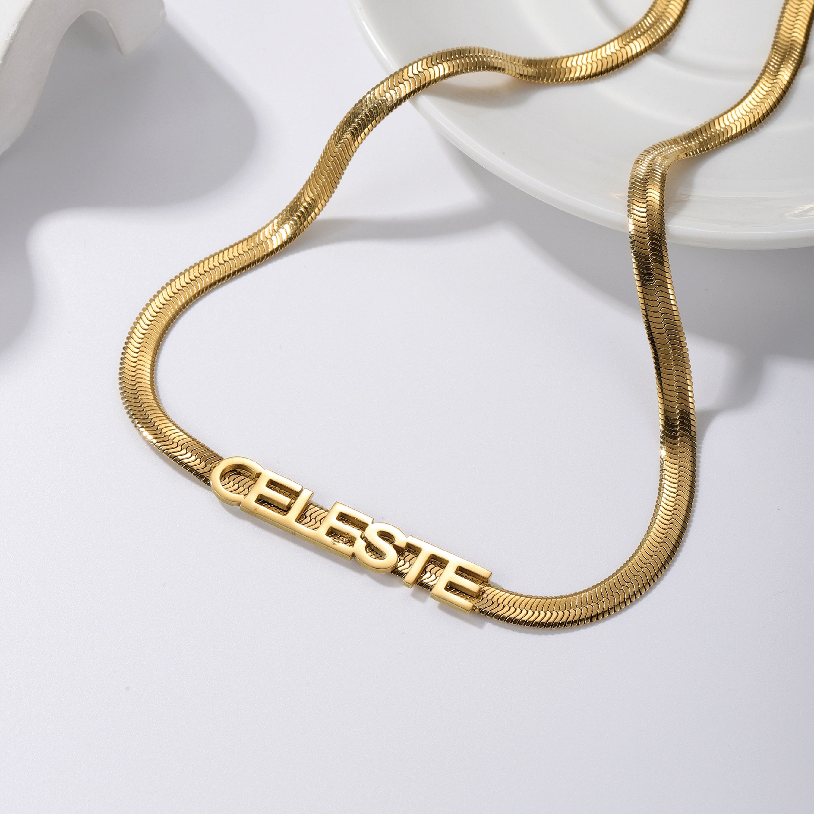 SIGNATURE YOU HERRINGBONE BOLD BLOCK NAME (SILVER, GOLD, ROSE GOLD) NECKLACE