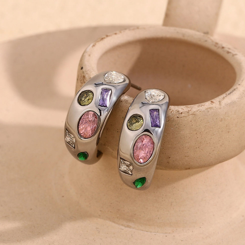 Thumbnail: ROSELLE GEOMETRIC COLOURFUL CZ (SILVER, 18K GOLD) HOOP EARRINGS