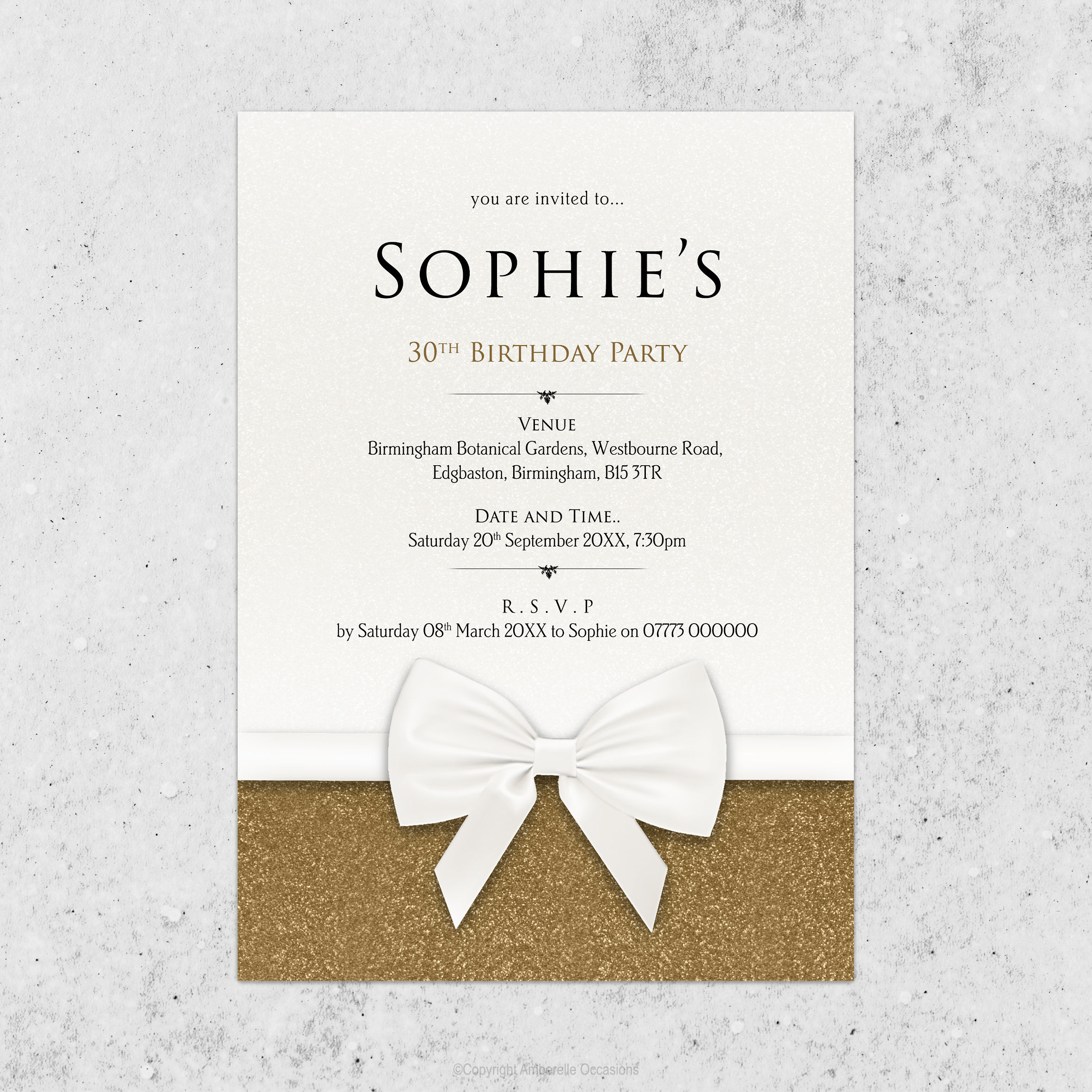 Evoke Glitter Bow Birthday Invitation 8 Colours