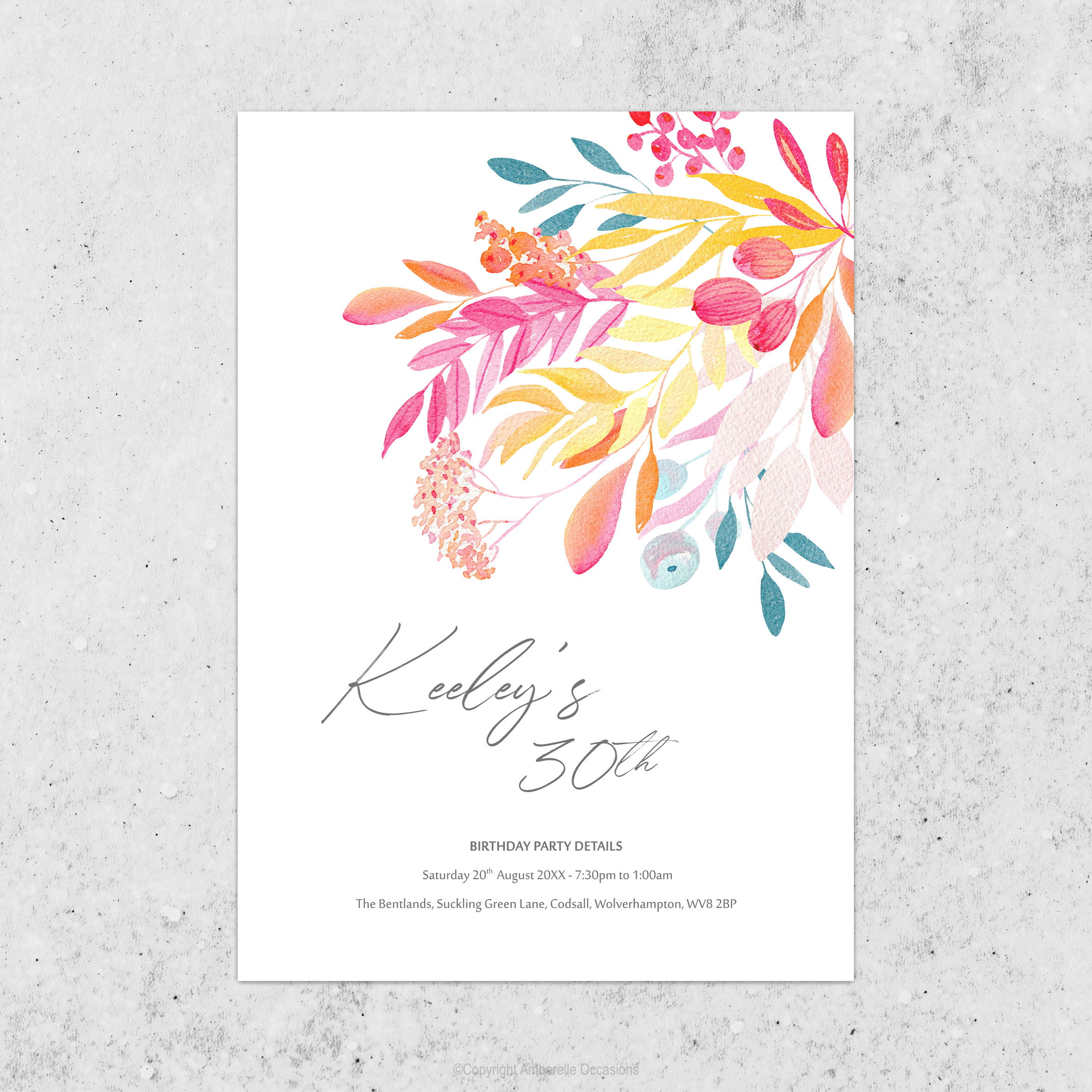 Evoke Orange, Pink & Teal Floral Birthday Invitation