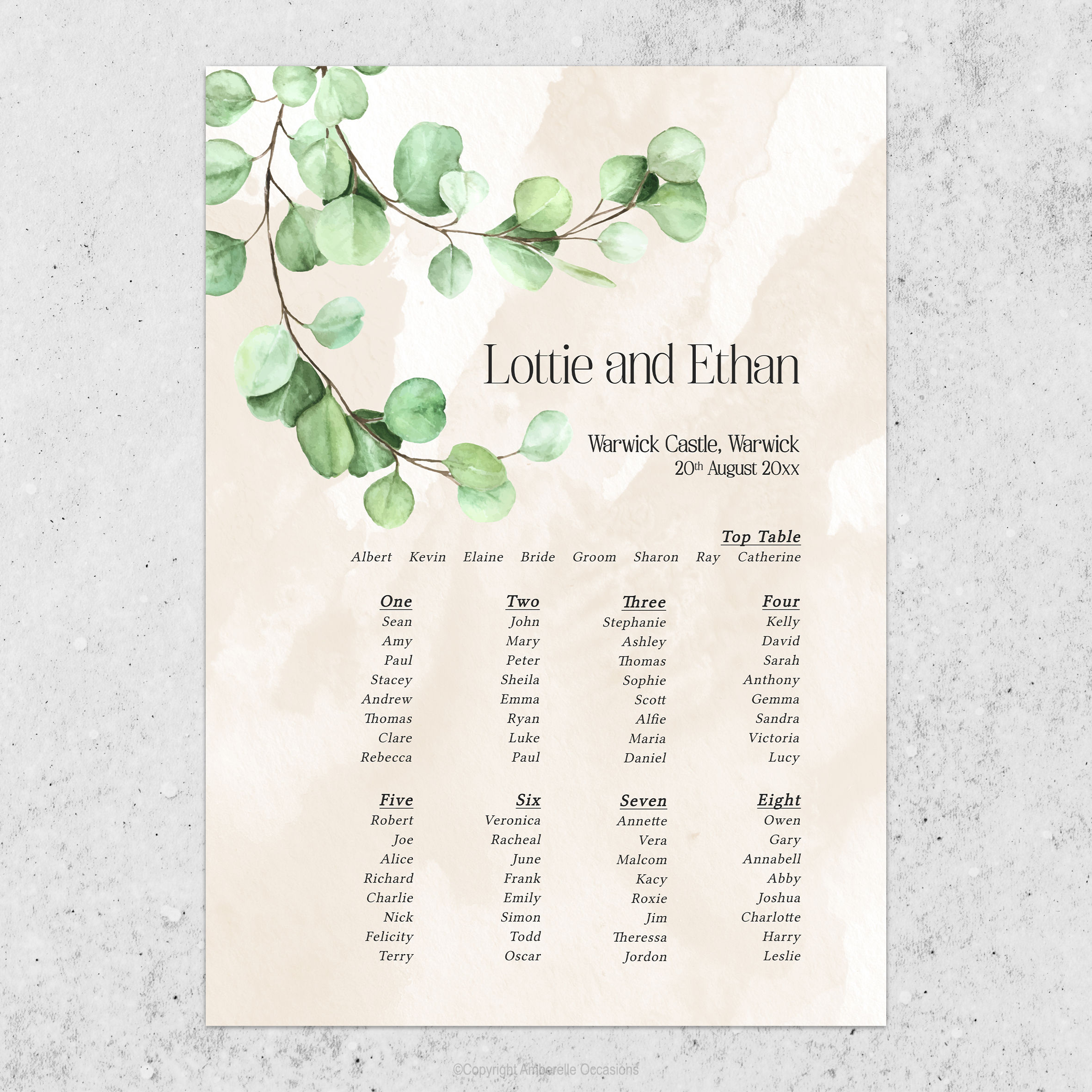 Evoke Eucalyptus Leaves Watercolour Wedding Table Plan