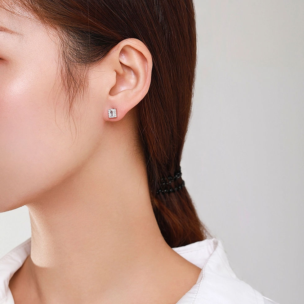 Thumbnail: CELINA THREE SECTION SQUARE CZ (SILVER) STUD EARRINGS