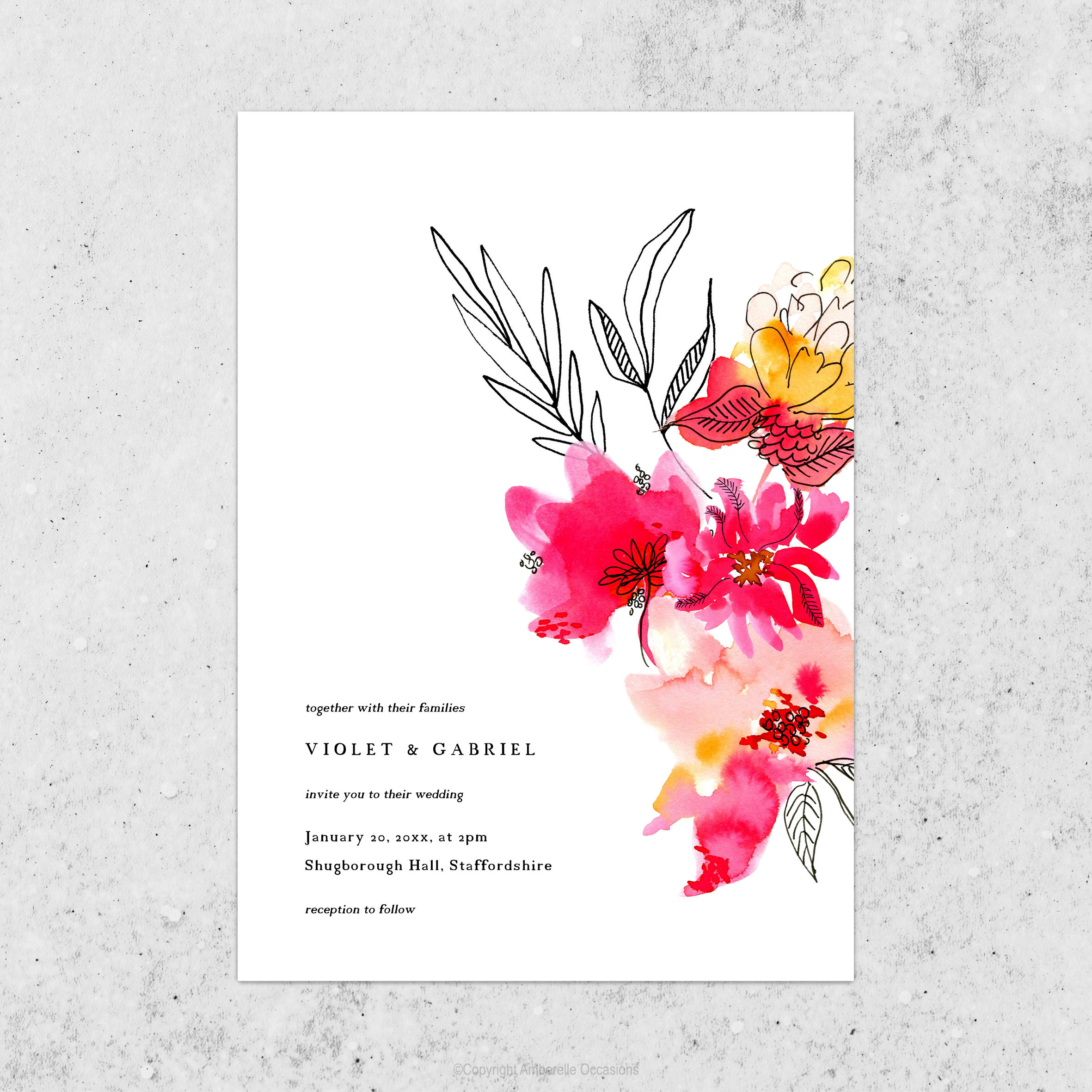 Evoke Pink, Cerise & Orange Watercolour Floral Wedding Invitation