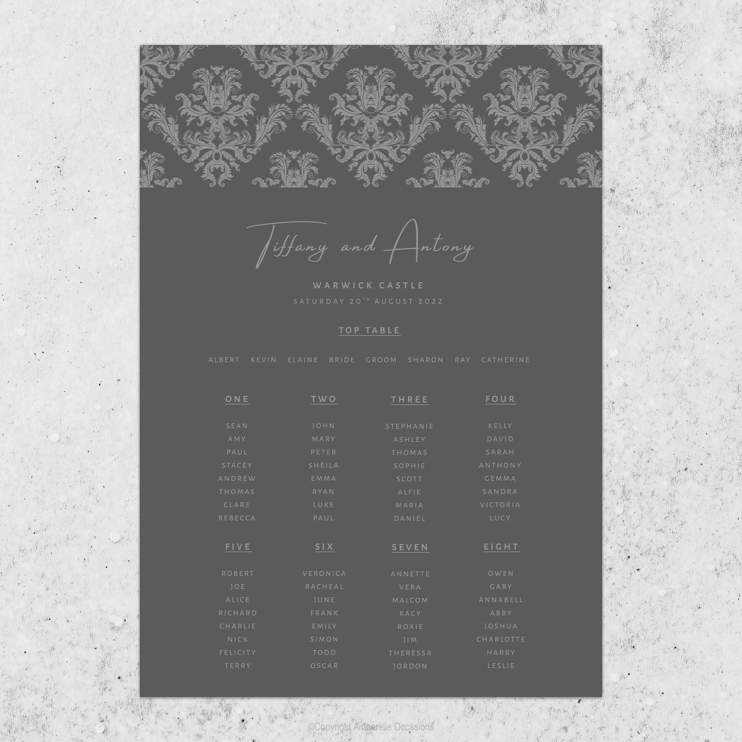 Evoke Grey Damask Wedding Table Plan