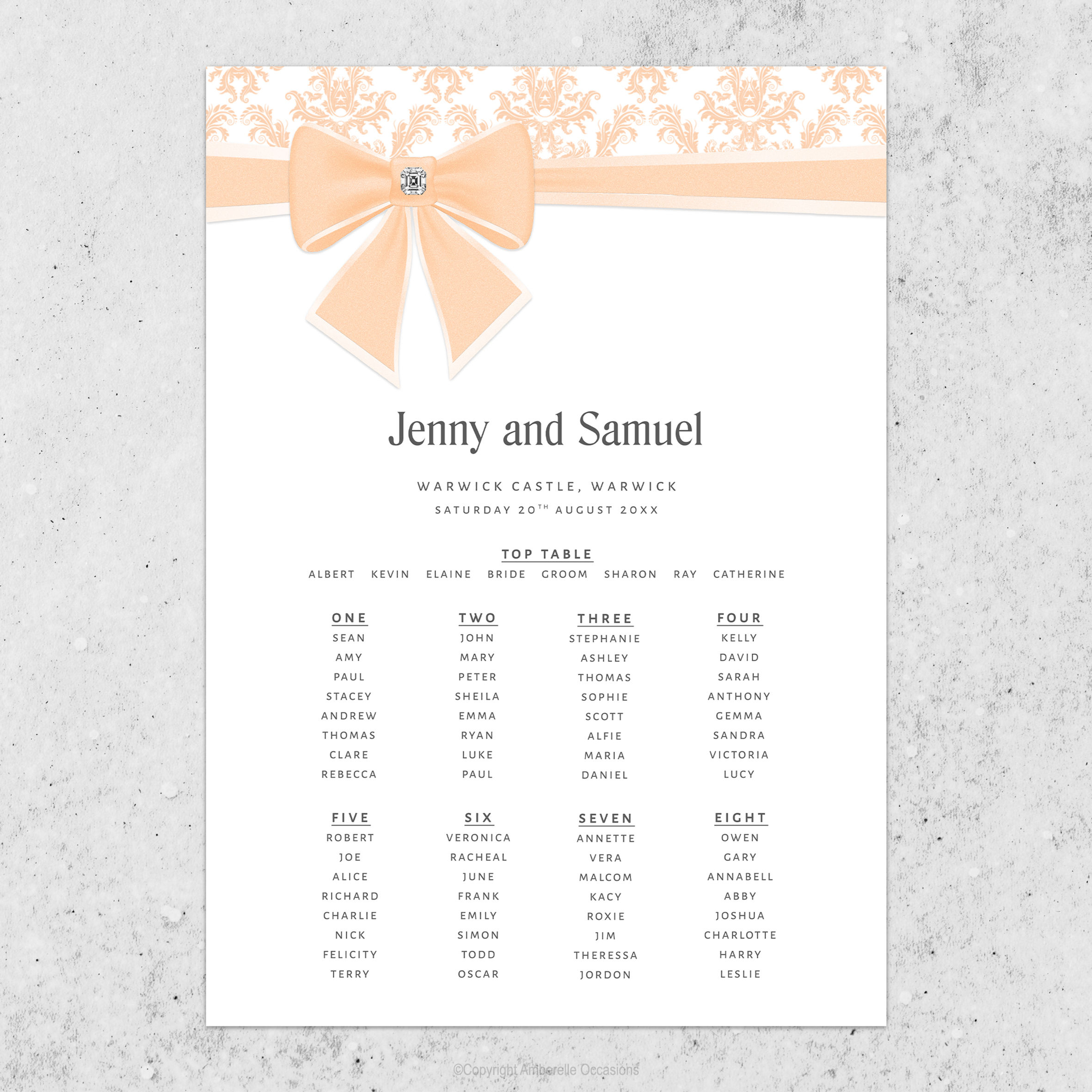 EVOKE ELEGANT DIAMANTE BOW DAMASK WEDDING TABLE PLAN