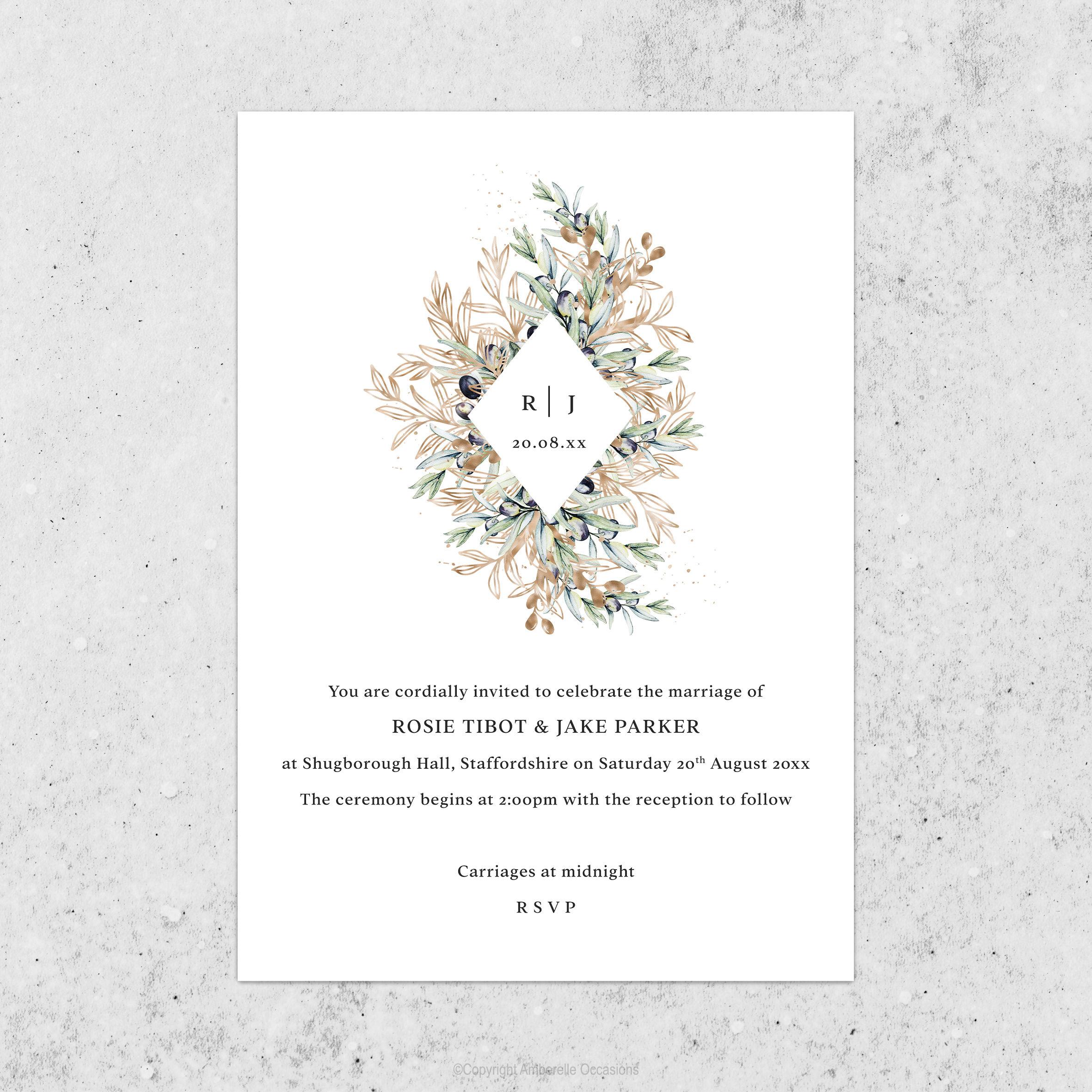 Evoke Diamond Green & Gold Leaf Initials Wedding Invitation