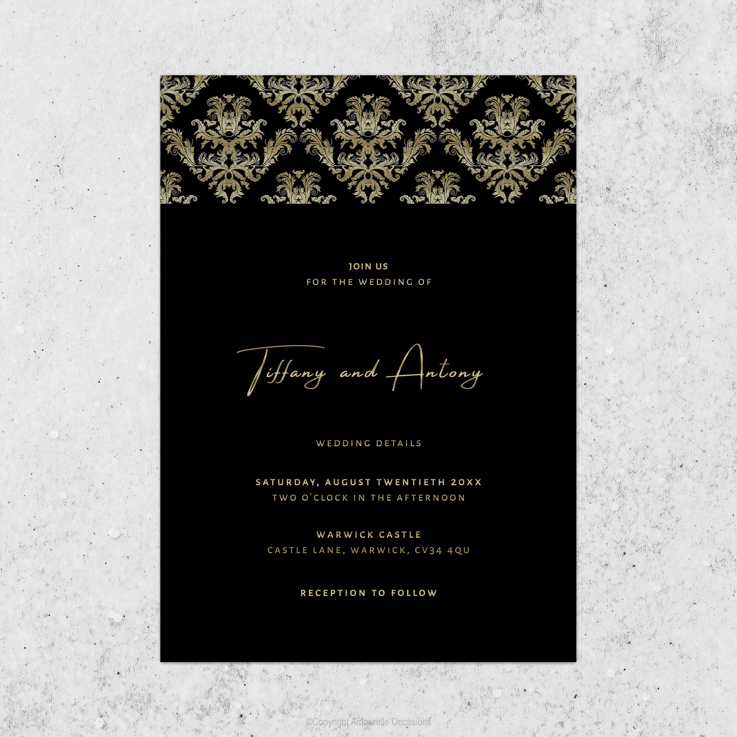 Evoke Damask Black & Gold Wedding Invitation