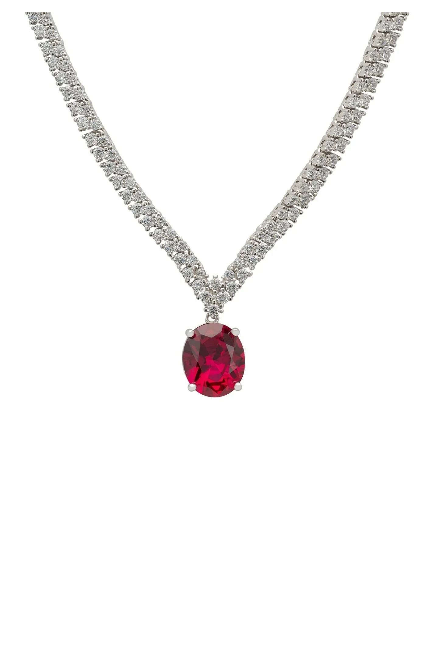LATELITA GARBO OVAL GEMSTONE RUBY CZ (SILVER) TENNIS PENDANT NECKLACE