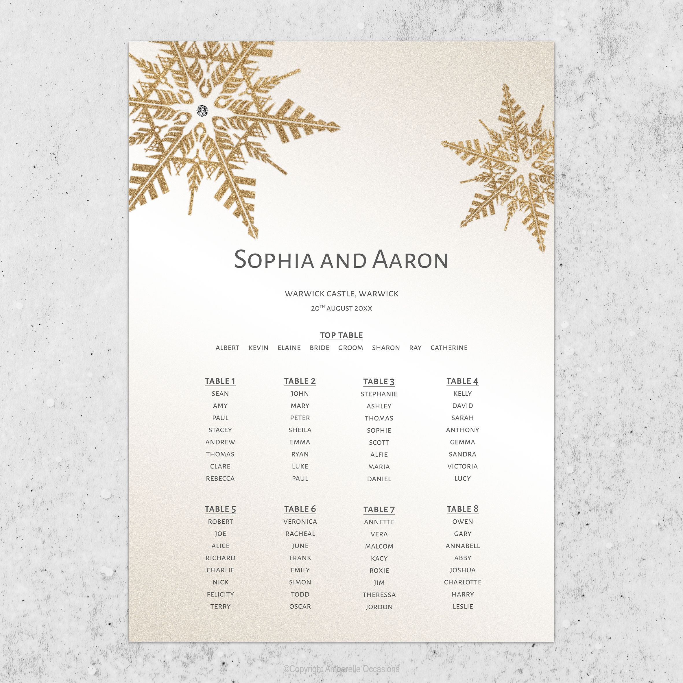 EVOKE GOLD SNOWFLAKE WINTER DIAMANTE WEDDING TABLE PLAN