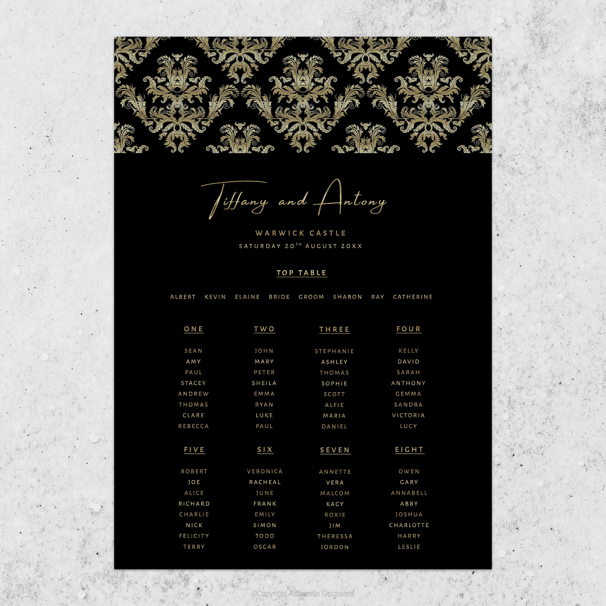 Evoke Damask Black & Gold Wedding Table Plan