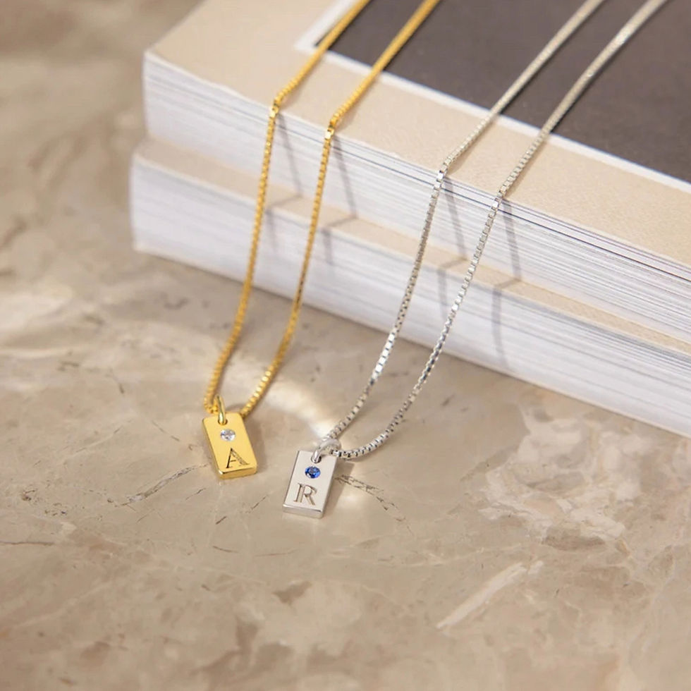 Thumbnail: SIGNATURE YOU ENGRAVED INITIAL BIRTHSTONE TAG BOX CHAIN (SILVER, GOLD) NECKLACE