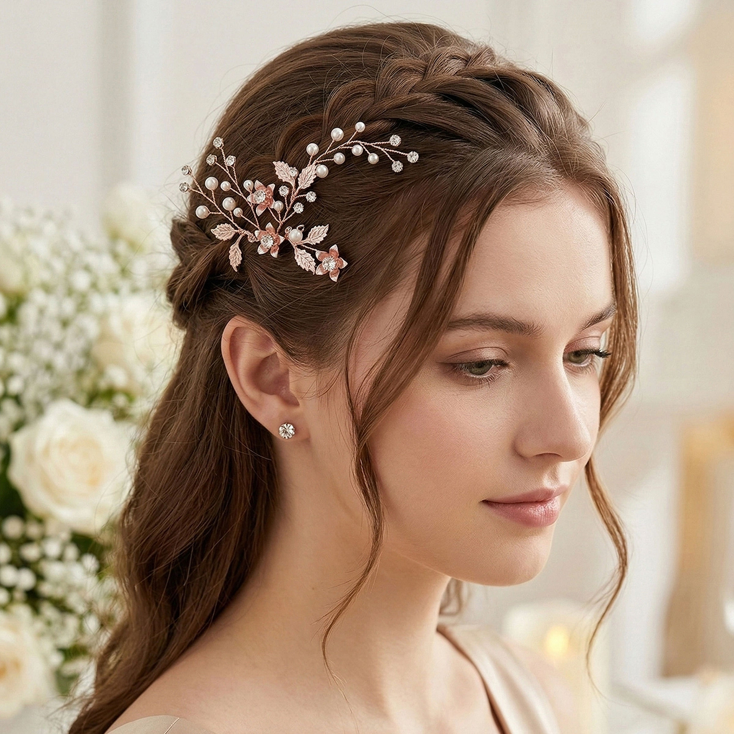AMBERELLE GEORGINA DIAMANTE CRYSTAL PEARL (R) HANDMADE BRIDAL HAIR PIN