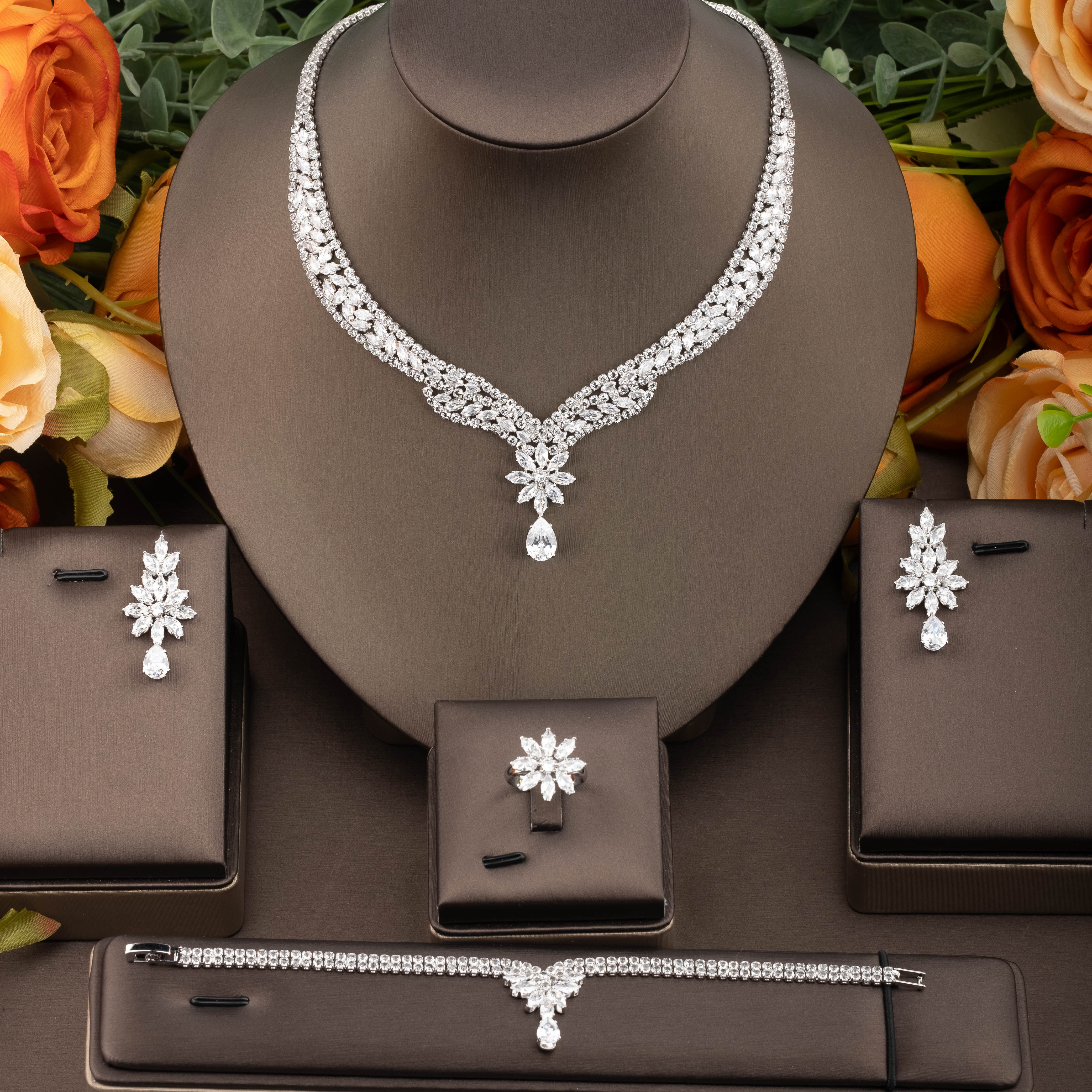 AMBERELLE REBECCA CZ (SILVER) 4 PIECE BRIDAL JEWELLERY SET