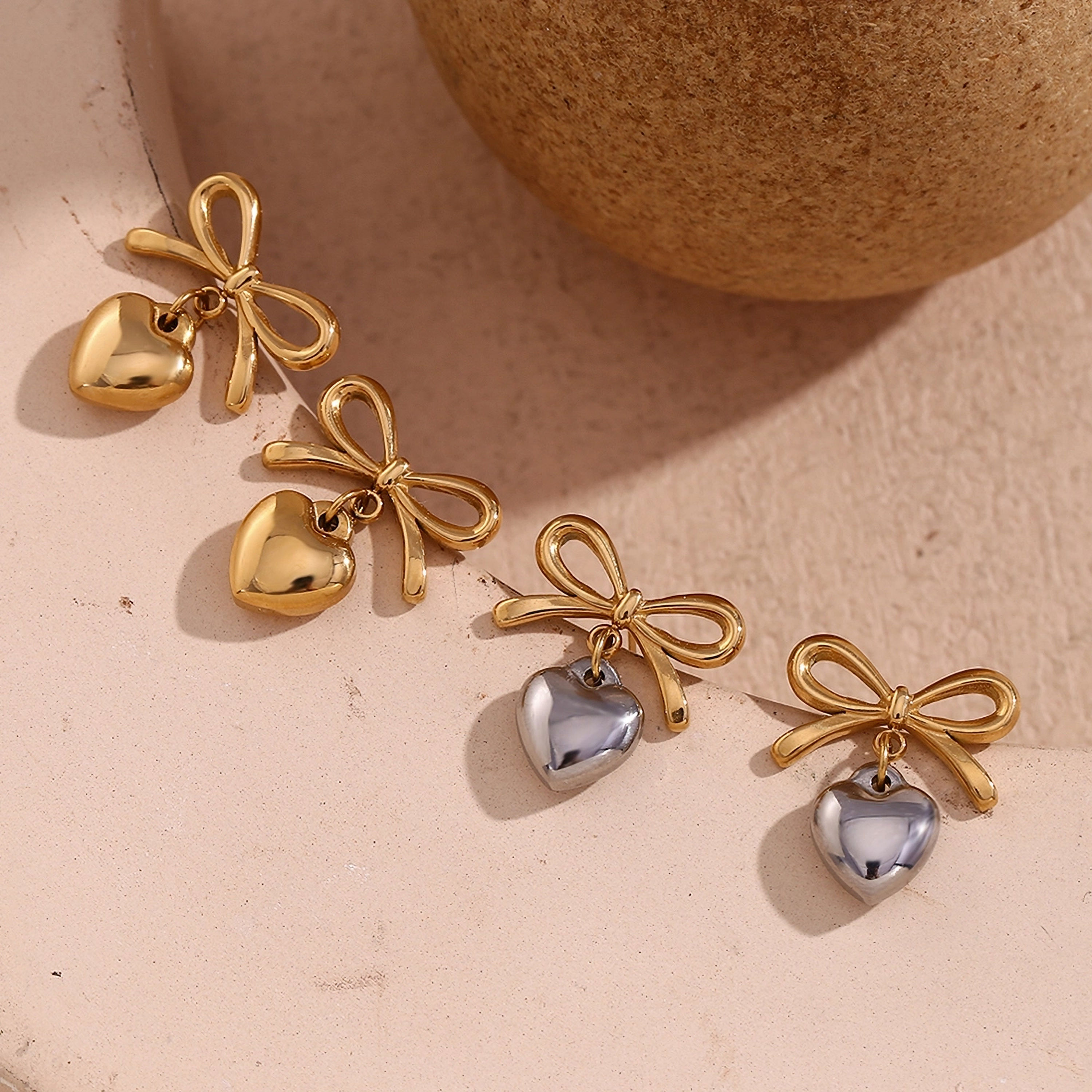 ROSELLE BOW HEART (SILVER, 18K GOLD) DROP EARRINGS