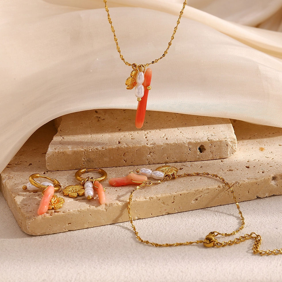 Thumbnail: ROSELLE CORAL FLOWER PEARL (18K GOLD) DROP EARRINGS, NECKLACE, BRACELET