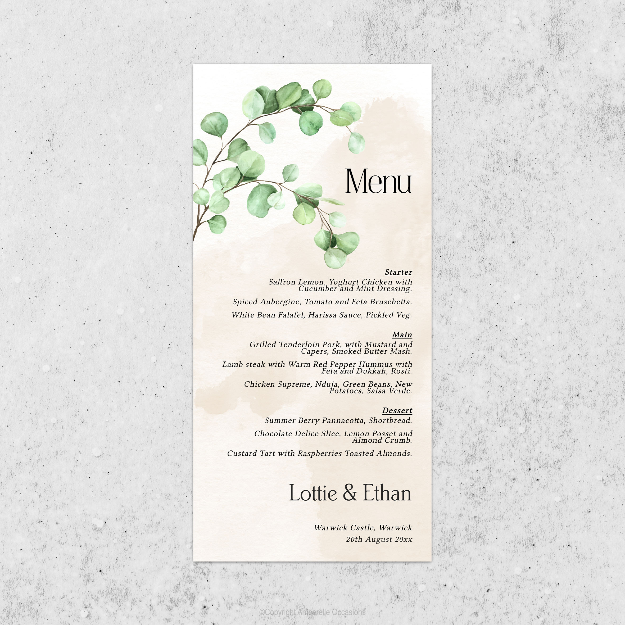 Evoke Eucalyptus Leaves Watercolour Wedding Menu