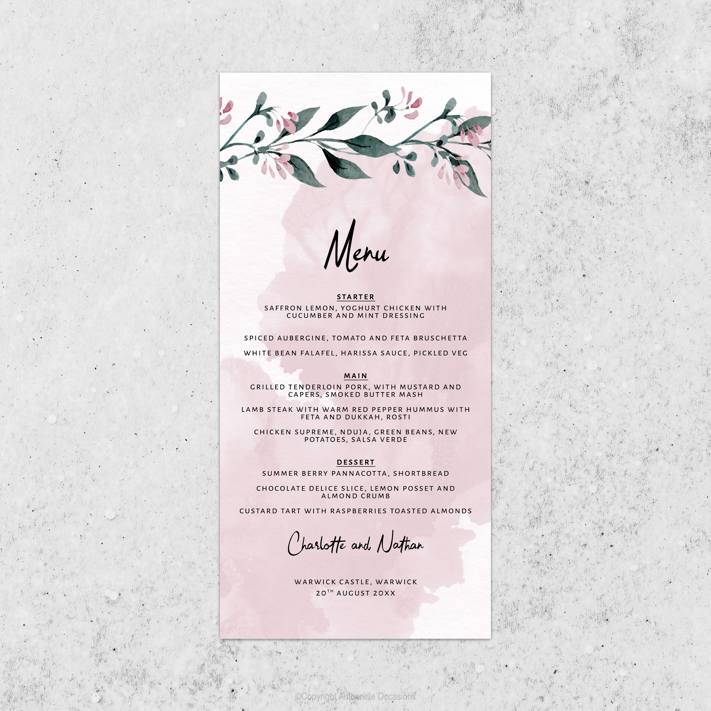 Evoke Pink Spring Watercolour Blossom Wedding Menu