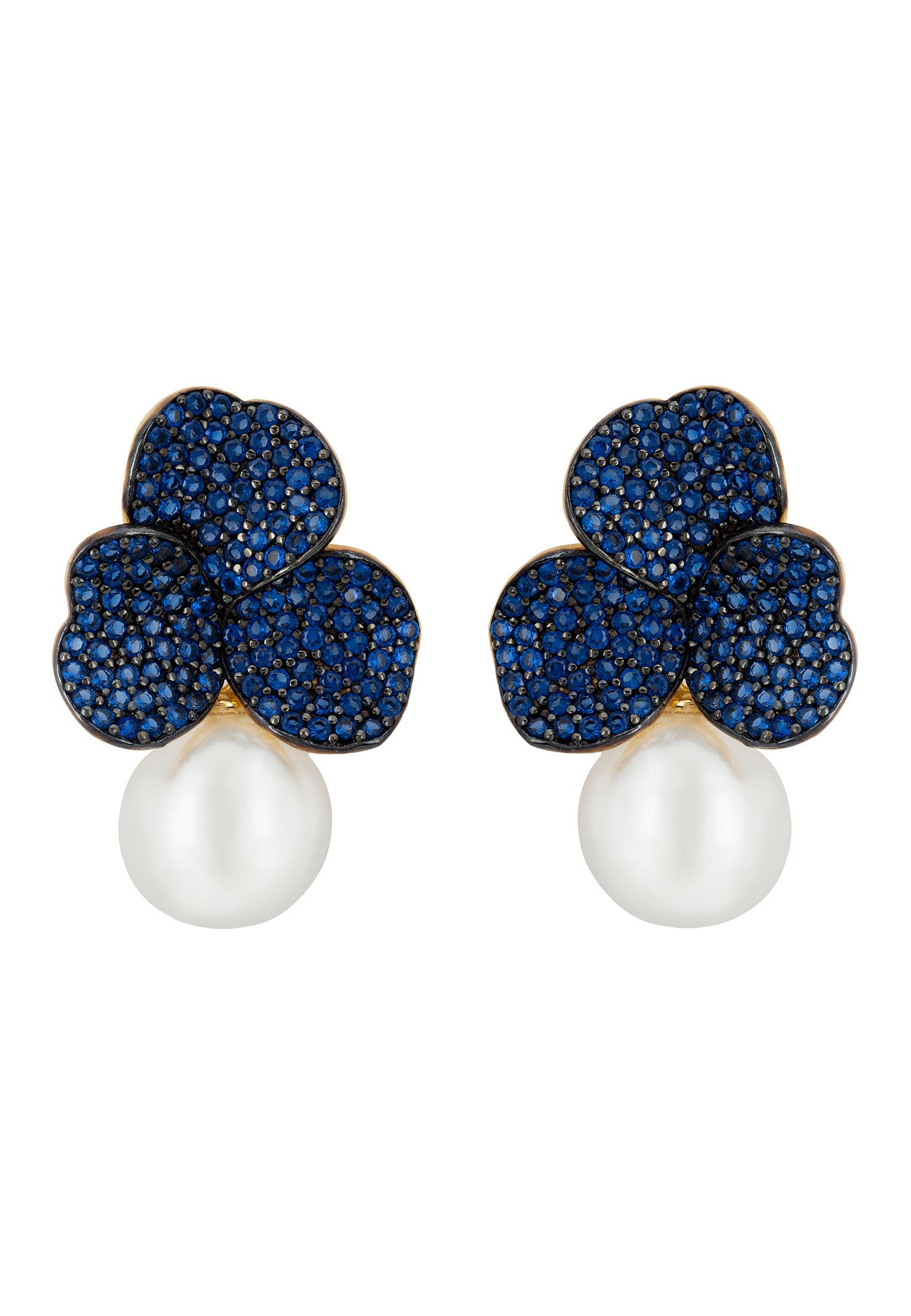 LATELITA IRIS FLOWER AND PEARL DANGLE SAPPHIRE CZ (GOLD) STUD EARRINGS