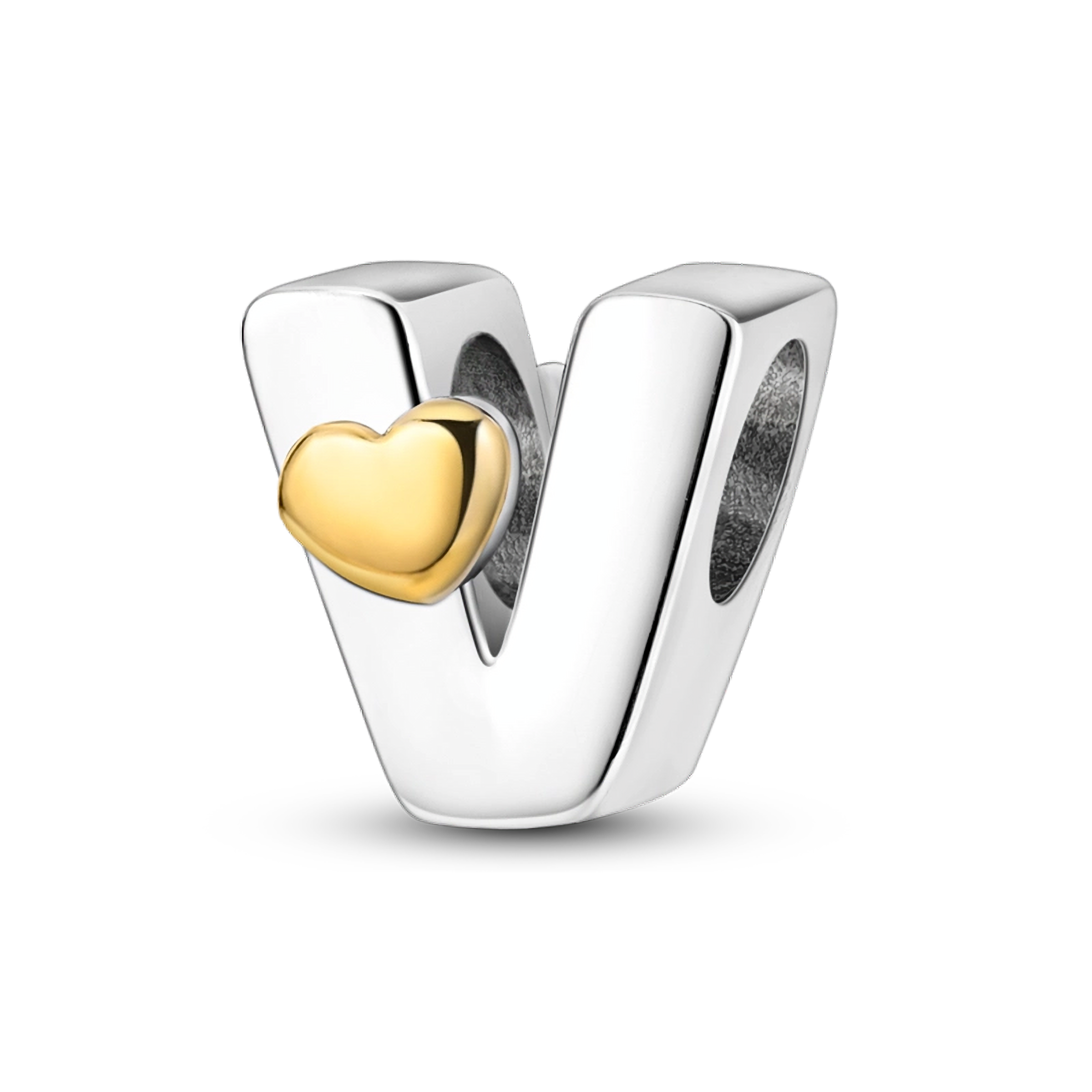 HARMONY GOLDEN HEART LETTER V (SILVER, GOLD) CHARM