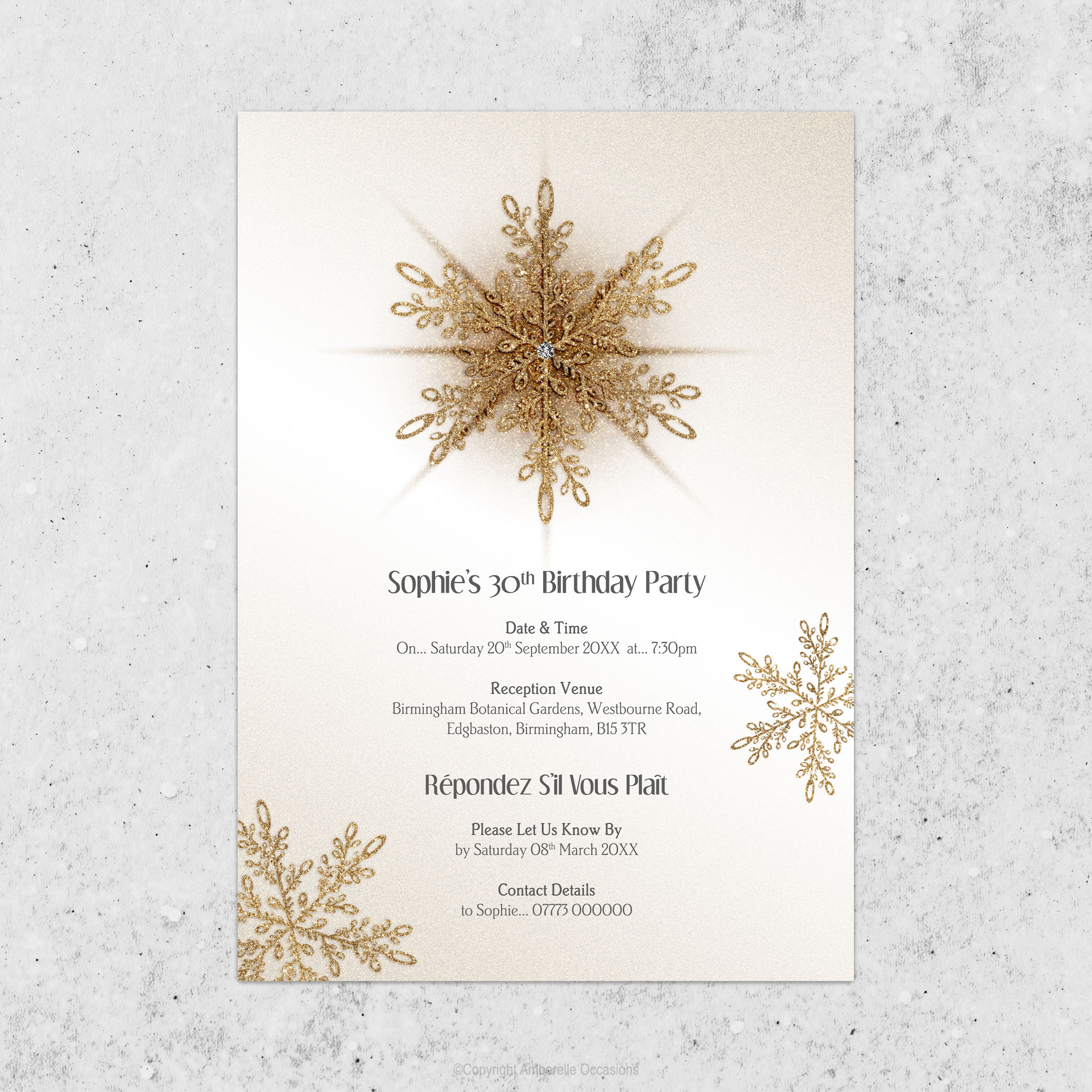 Evoke Gold Snowflake Birthday Invitation