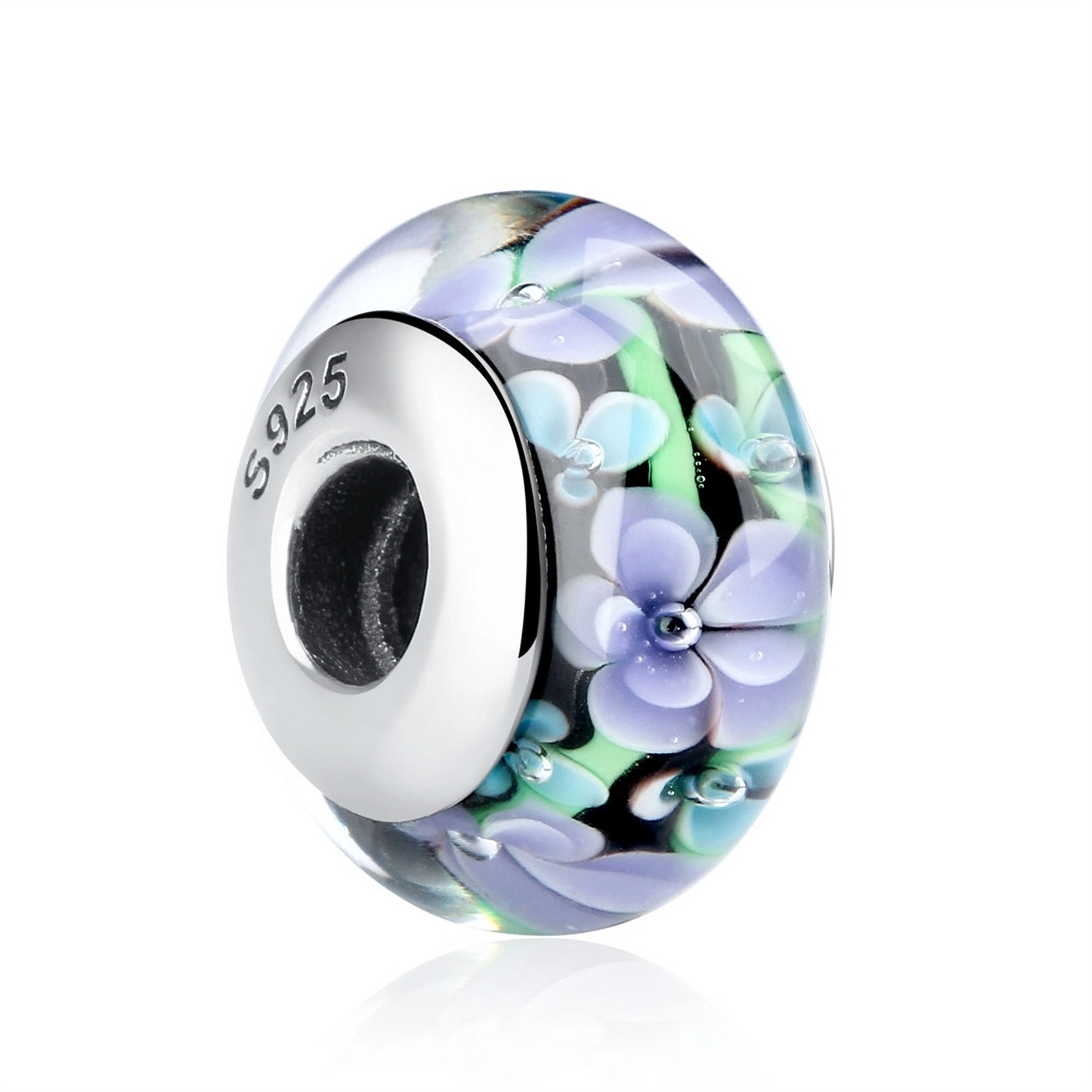 HARMONY BLACK & LILAC FLOWER (SILVER) MURANO GLASS BEAD