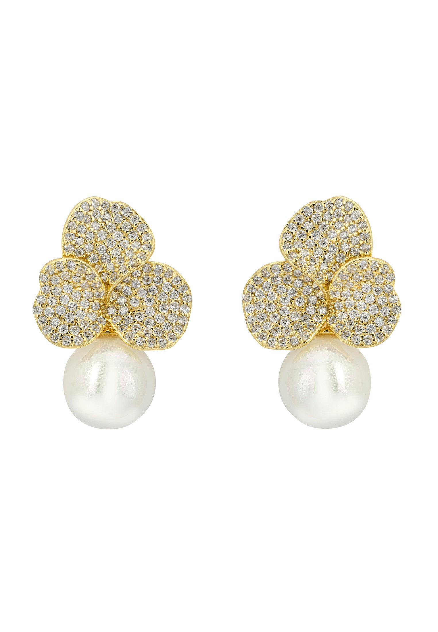 LATELITA IRIS FLOWER AND PEARL DANGLE CZ (GOLD) STUD EARRINGS