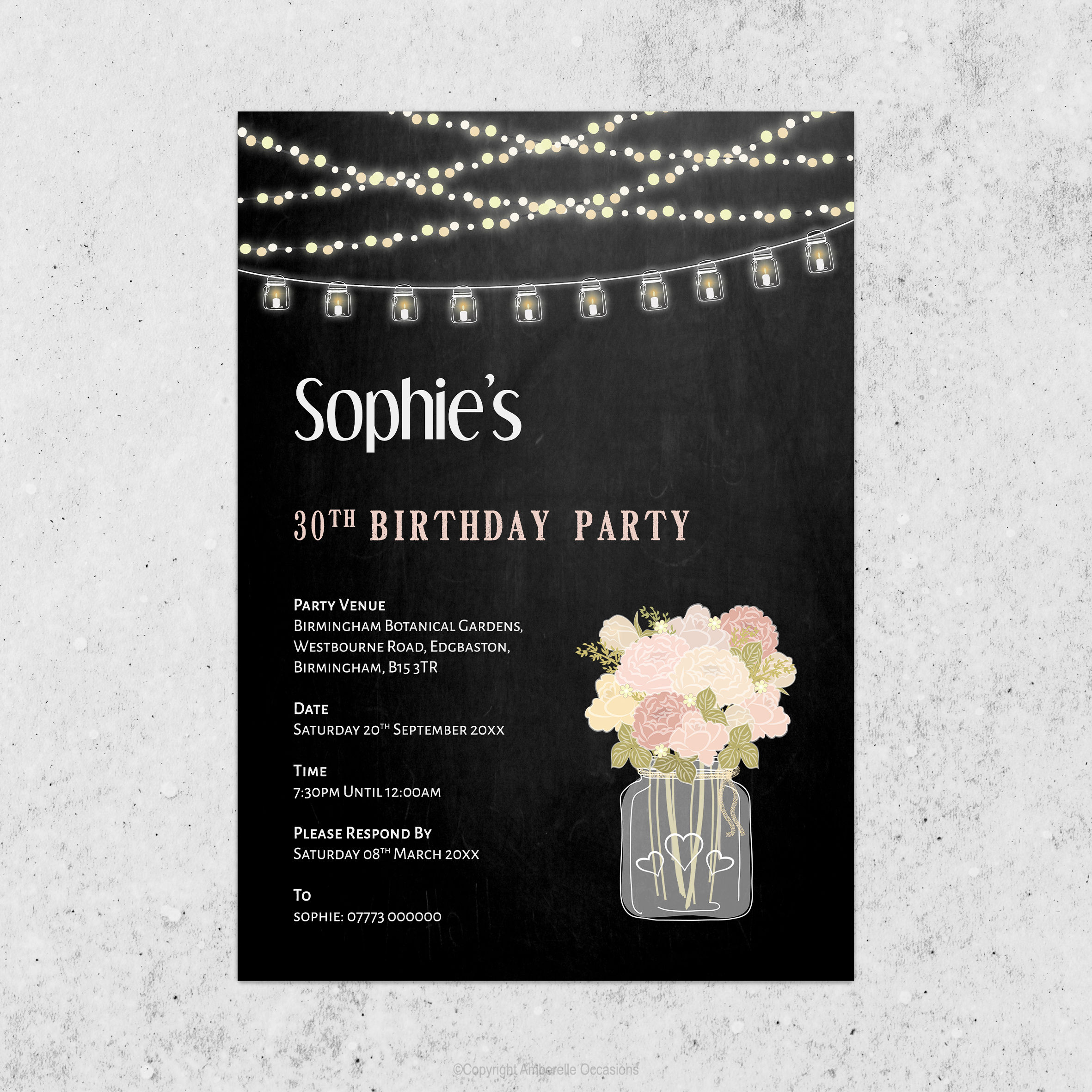 Evoke Flower Lights Chalkboard Birthday Invitation
