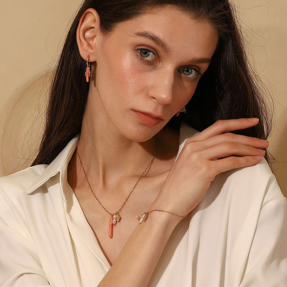 Thumbnail: ROSELLE CORAL FLOWER PEARL (18K GOLD) DROP EARRINGS, NECKLACE, BRACELET