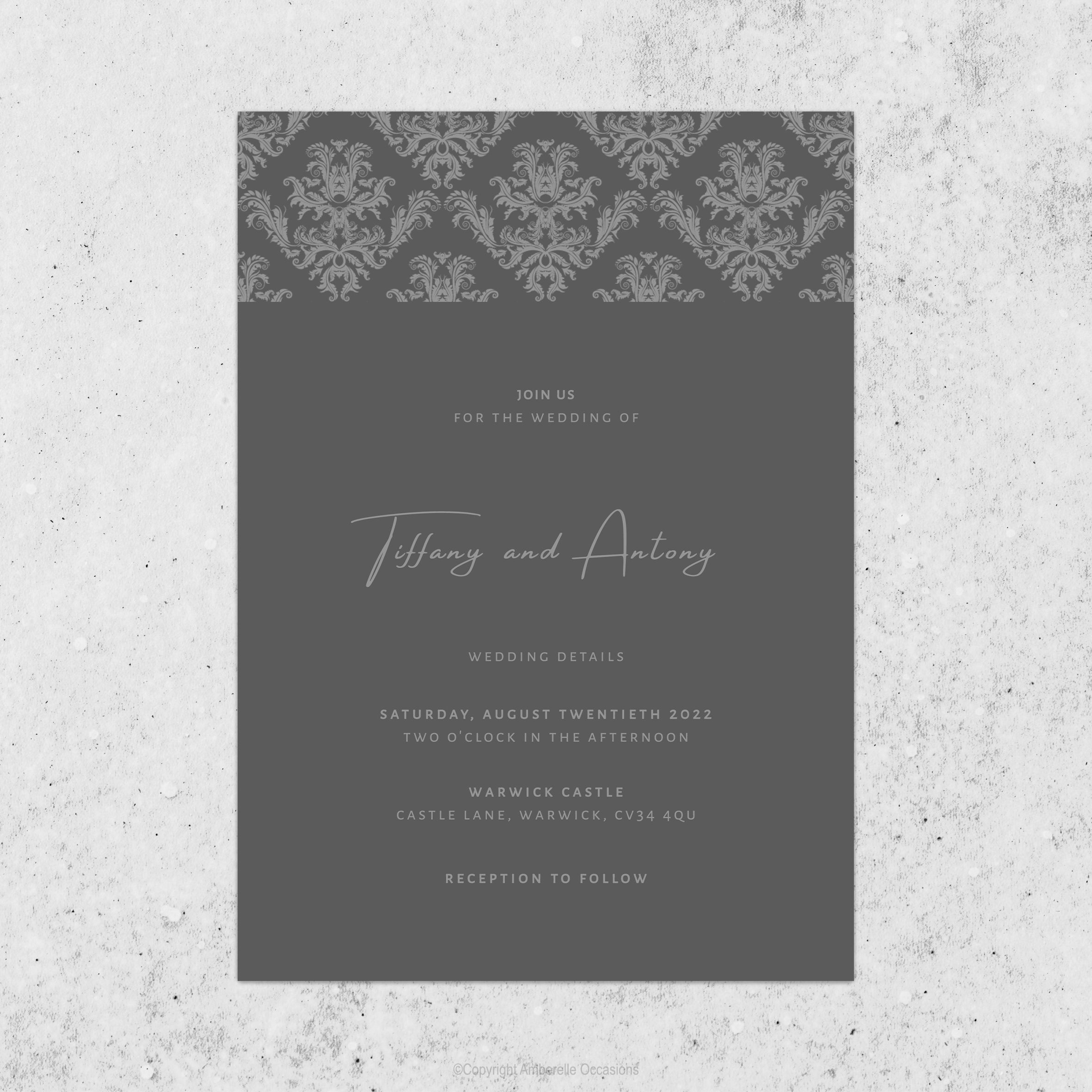 Evoke Grey Damask Wedding Invitation