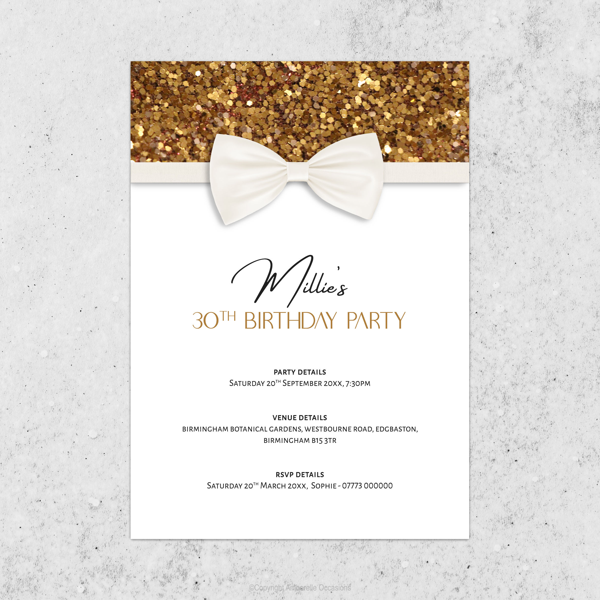 Evoke Gold Glitter Bow Birthday Invitation