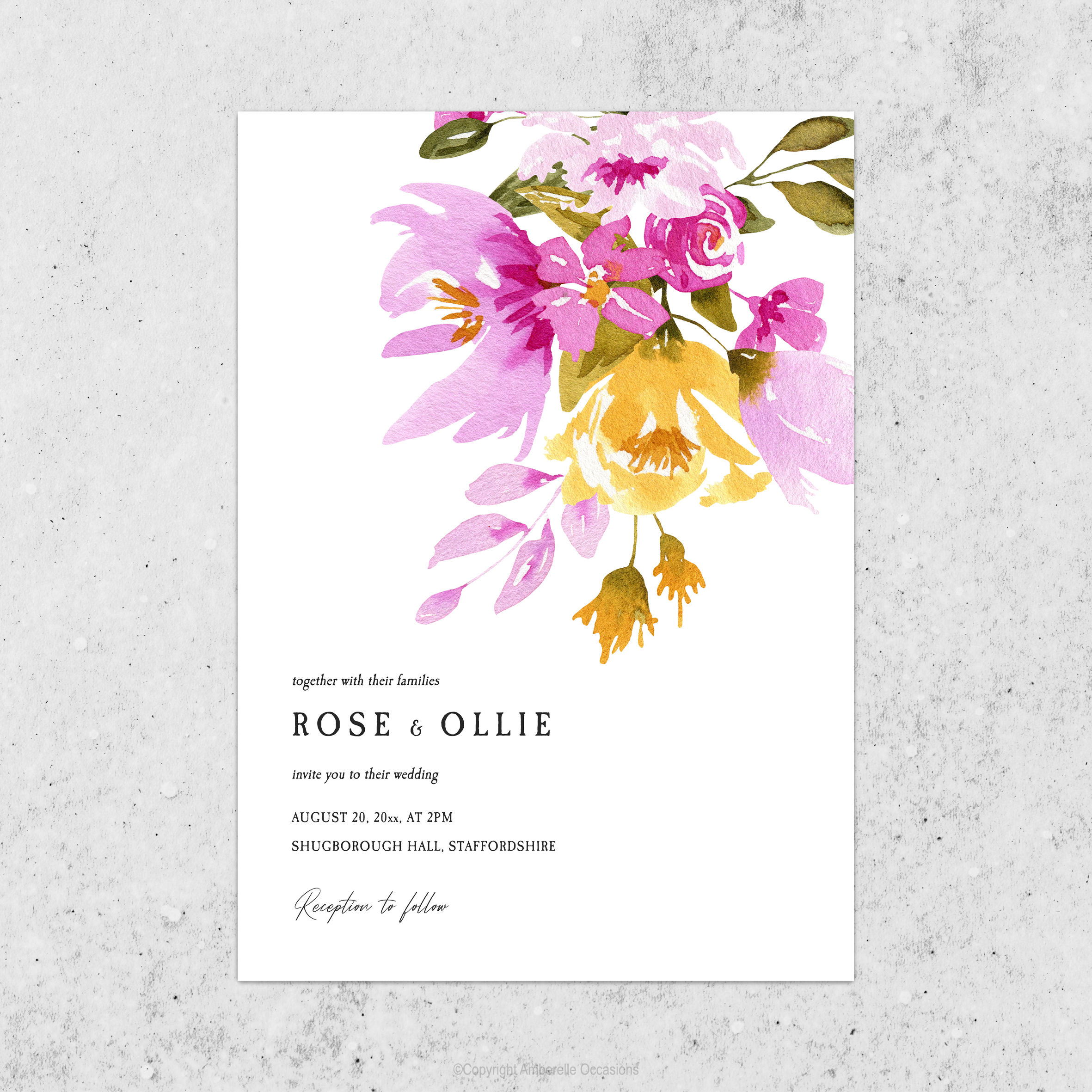 Evoke Orange, Pink & Cerise Watercolour Floral Wedding Invitation
