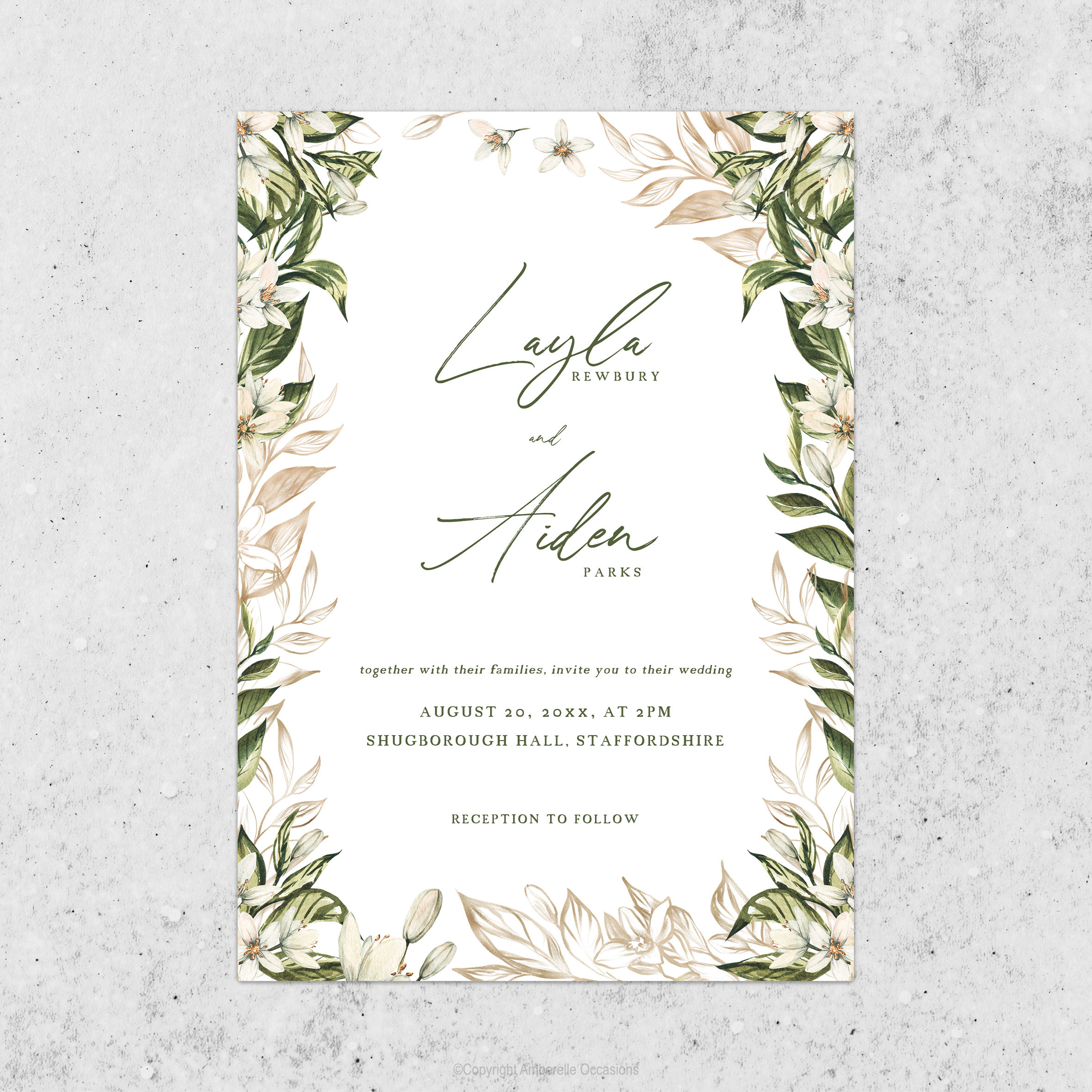 Evoke Green & Gold Leaf Floral Framed Wedding Invitation