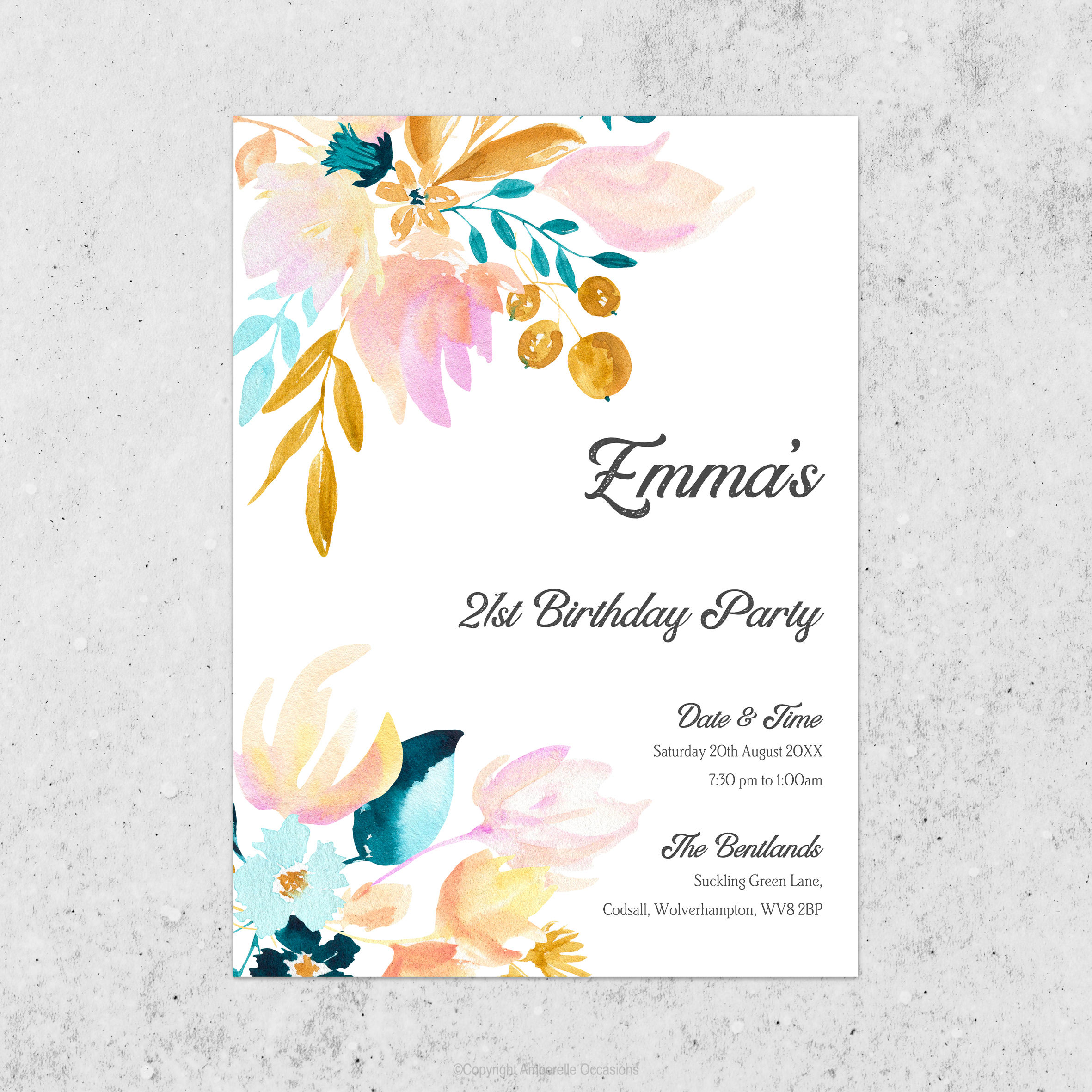 Evoke Gold, Pink & Turquoise Floral Birthday Invitation