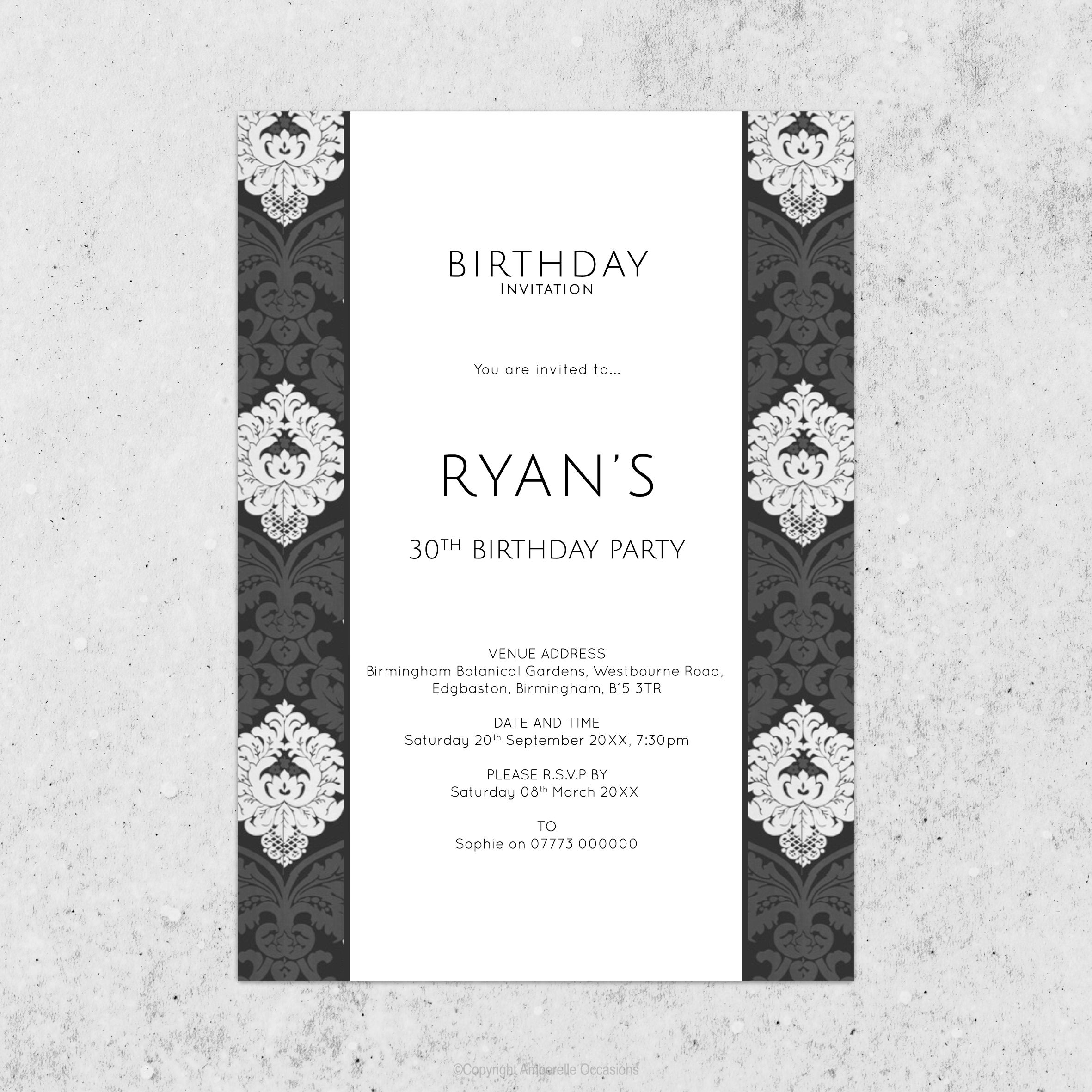 Evoke Black & White Damask Birthday Invitation