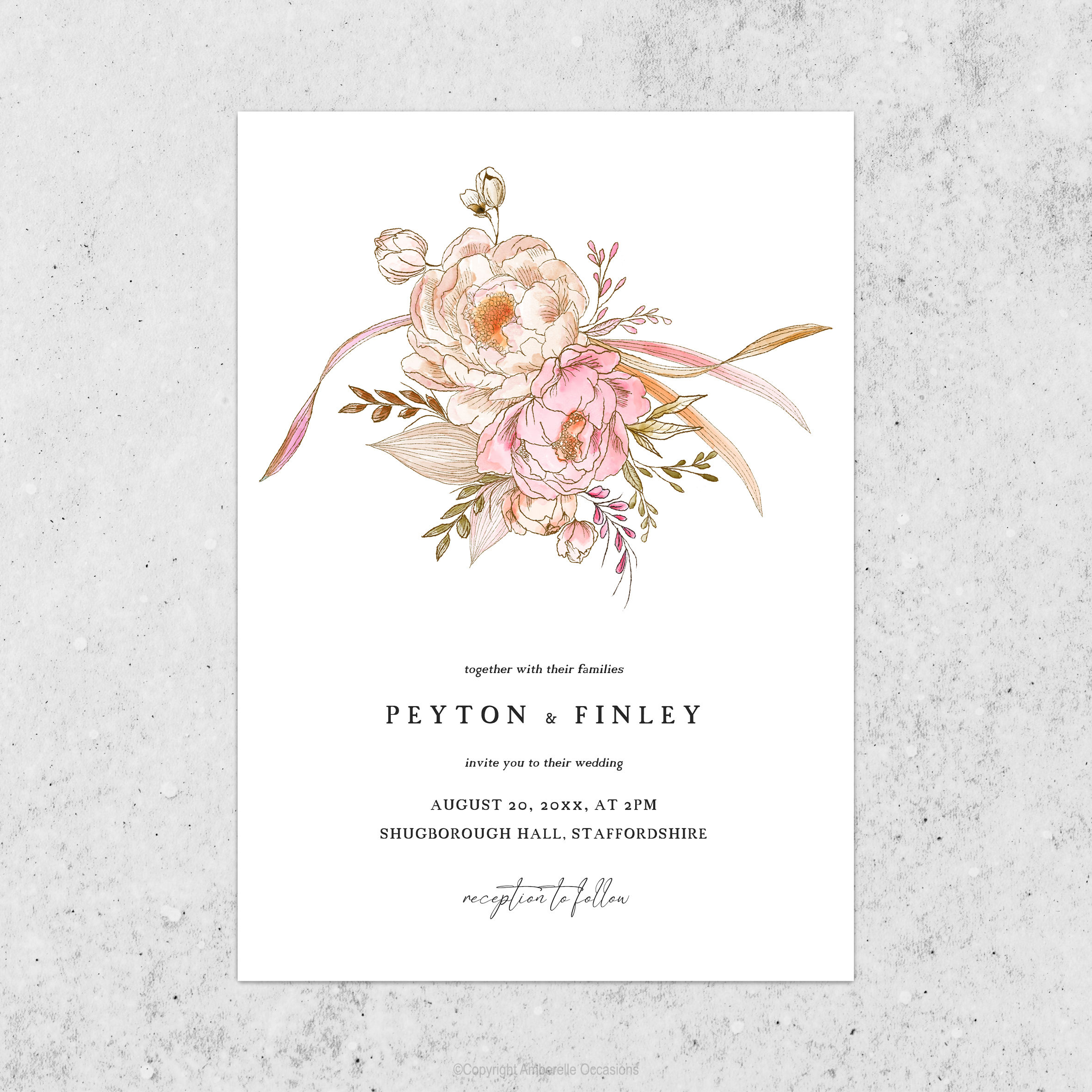 Evoke Nude, Pink & Green Floral Wedding Invitation