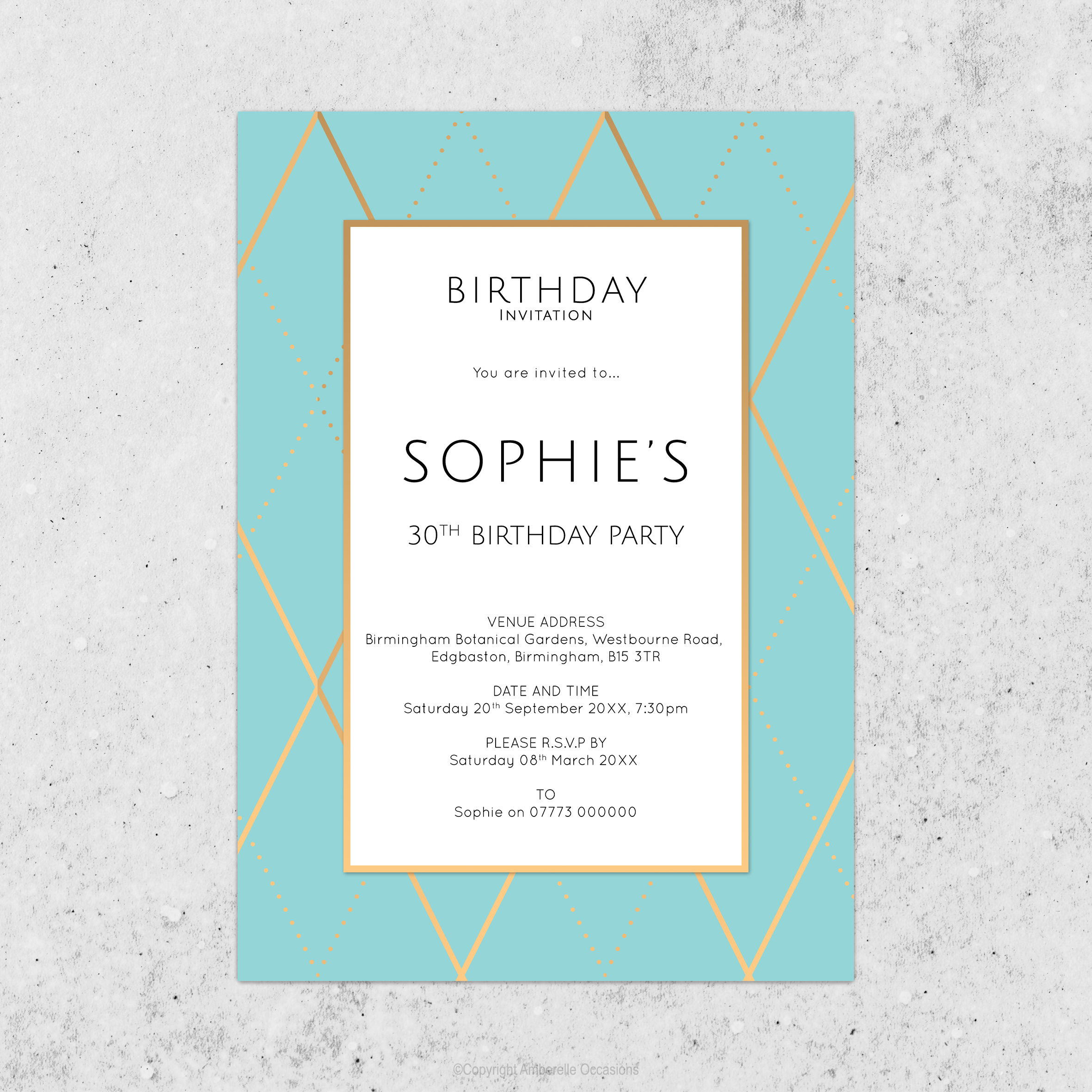 Evoke Light Turquoise & Gold Diamond Birthday Invitation